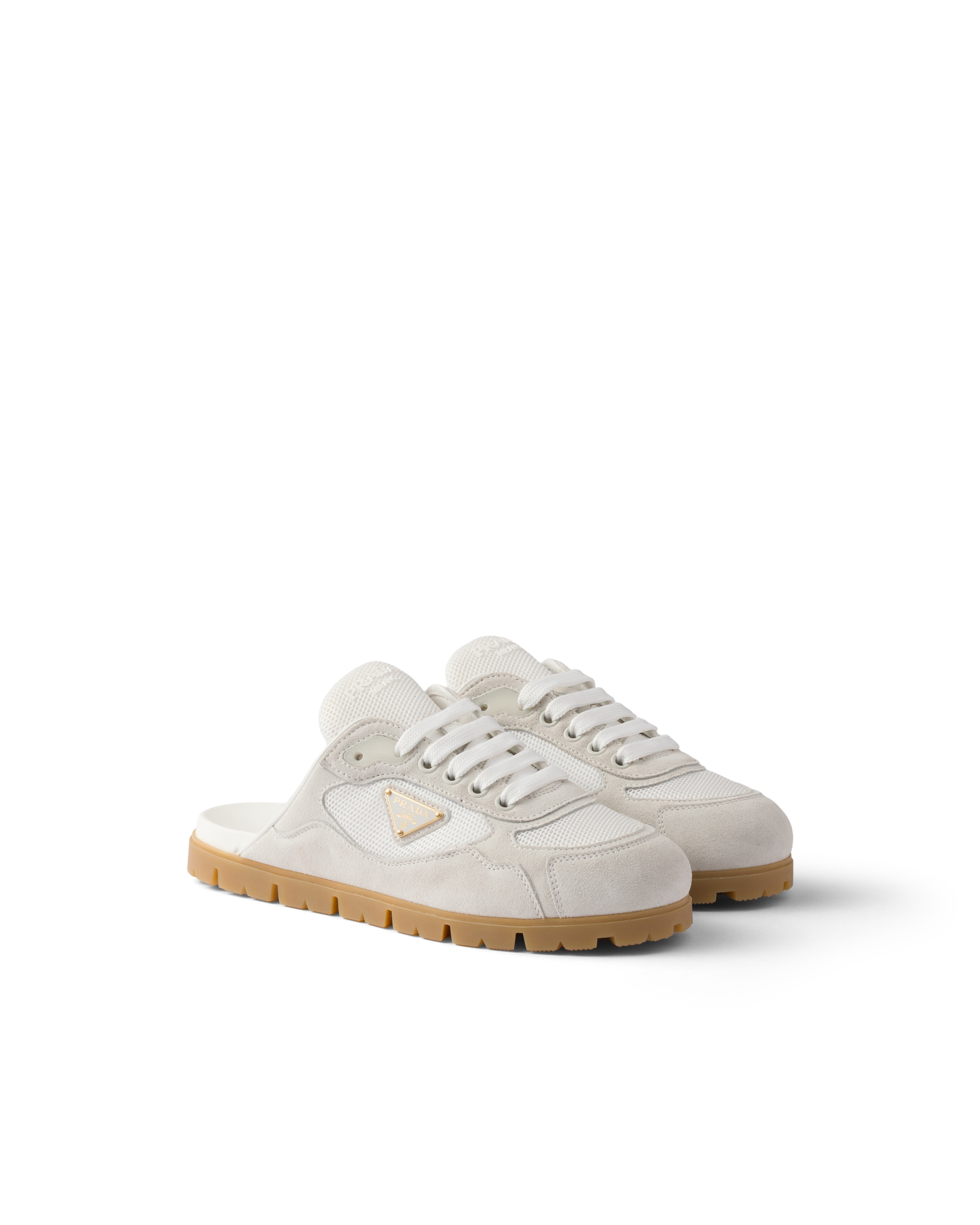 Prada Sabot Trail In Tessuto A Rete E Pelle Scamosciata, Donna, Bianco, Taglia 38,5