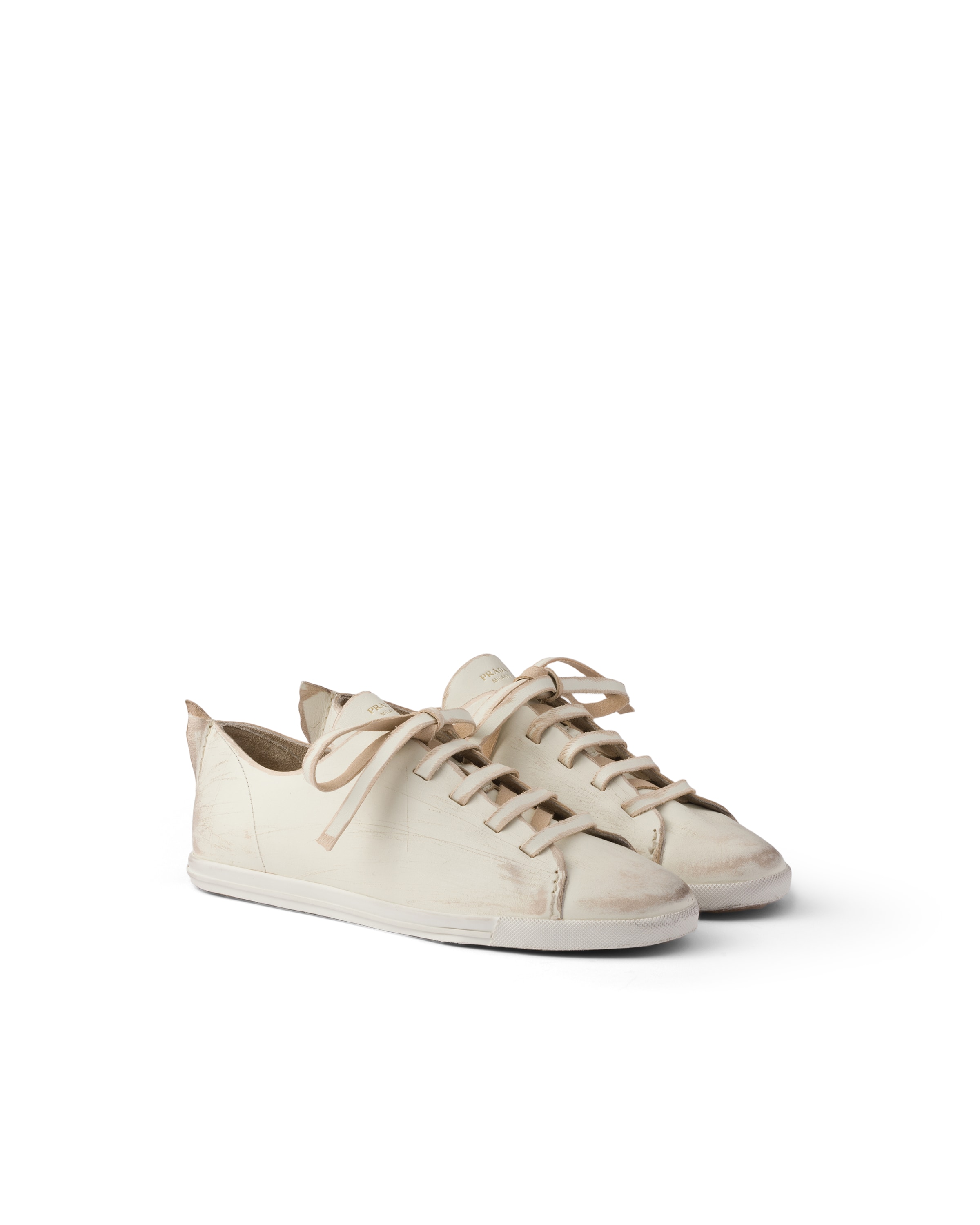 Prada Baskets En Cuir Vieilli, Femme, Talc, Taille 41