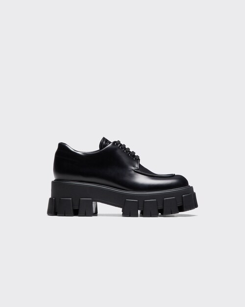 Black Monolith brushed leather lace-up shoes | Prada