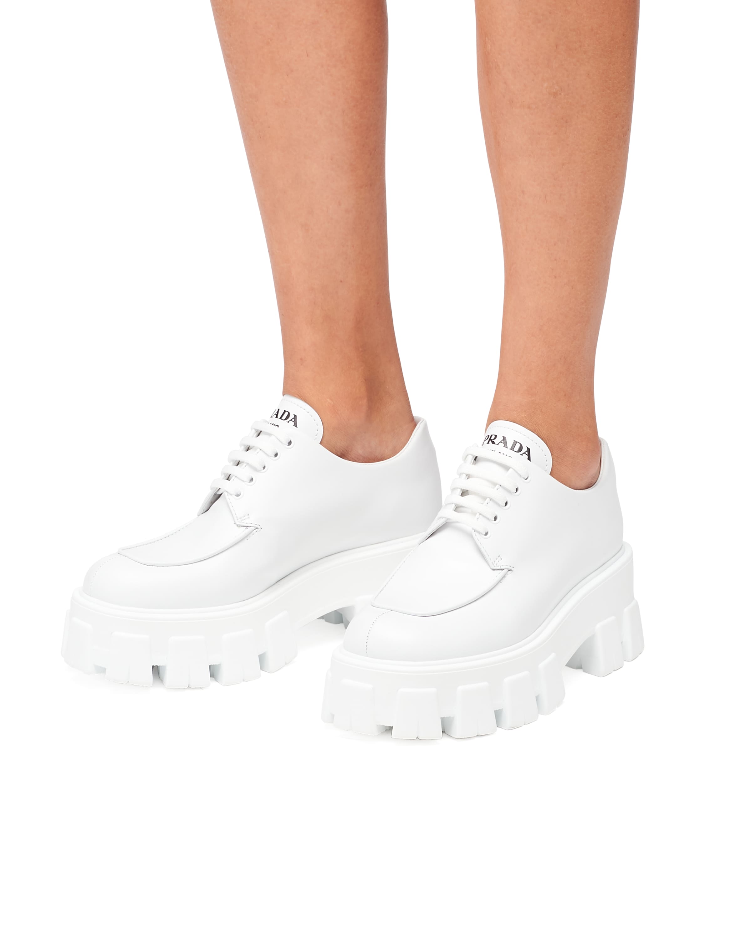 White Monolith brushed leather lace-up shoes | Prada