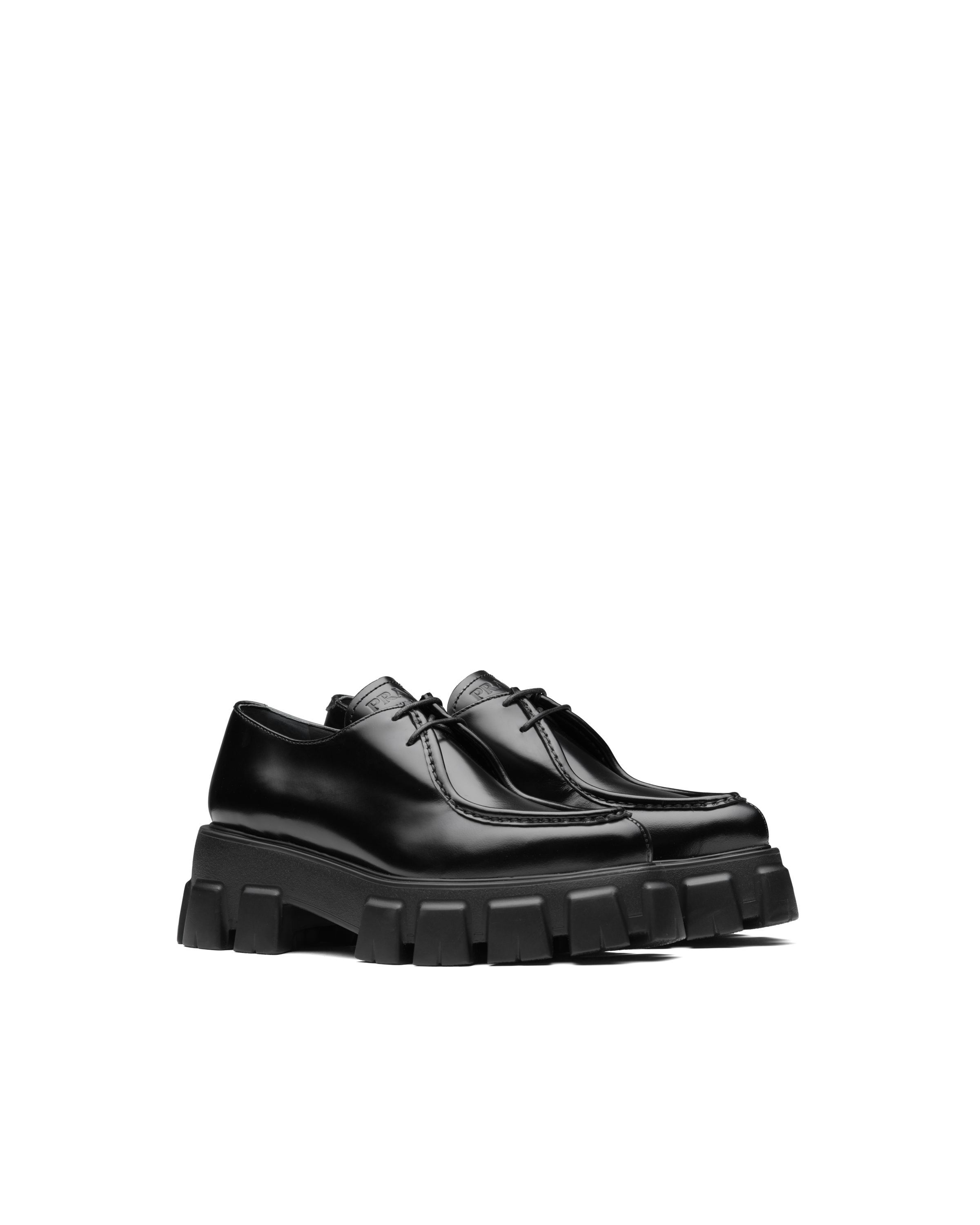 Black Monolith pointy brushed leather lace-up shoes | Prada