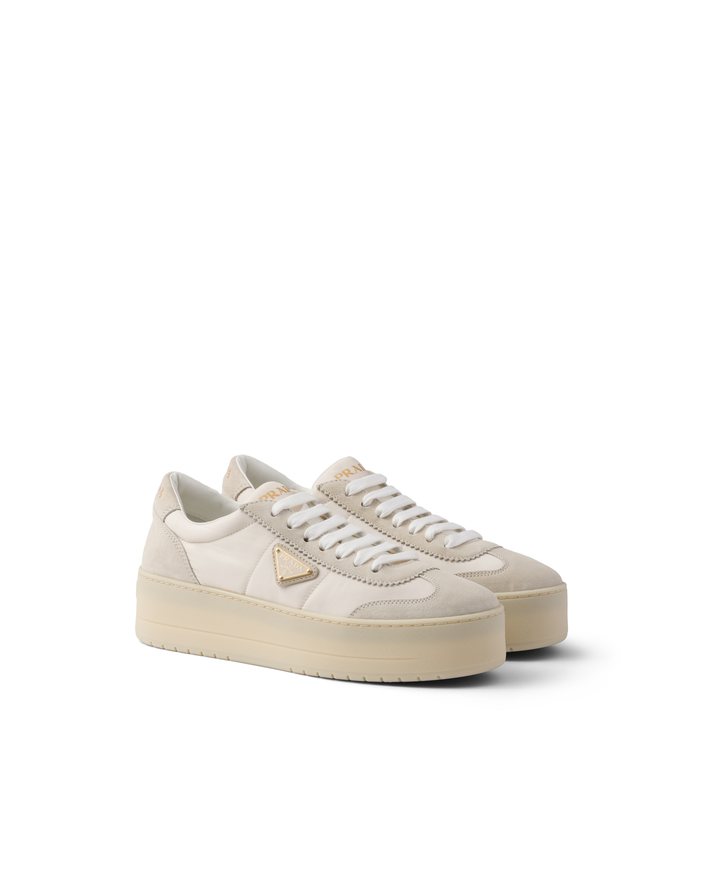 Prada Downtown Bold Nylon And Suede Sneakers, Women, Ivory, Size 34.5