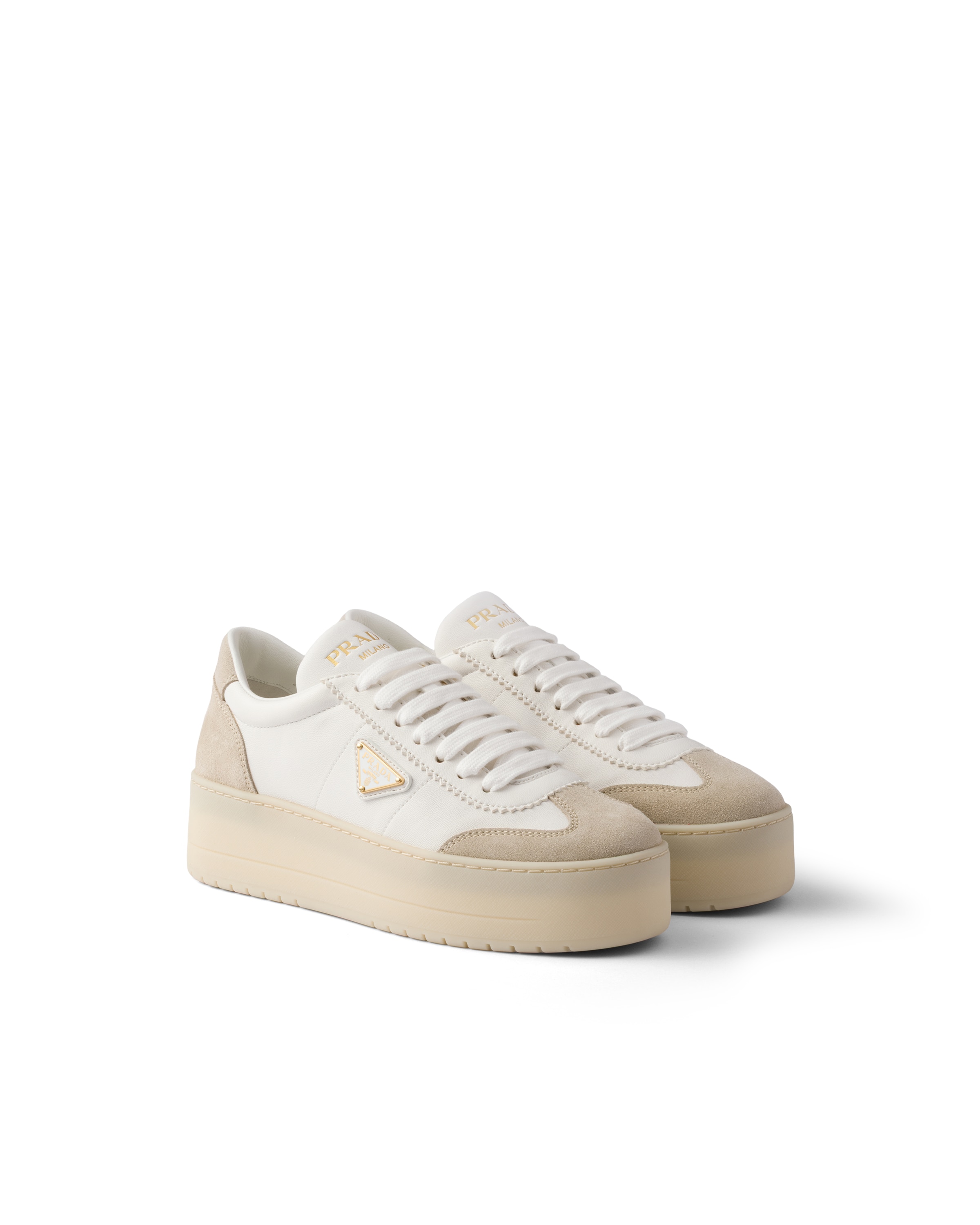Prada Downtown Bold Sneaker Aus Nappa-leder Und Wildleder, Damen, Weiß/bimsstein , Größe 37