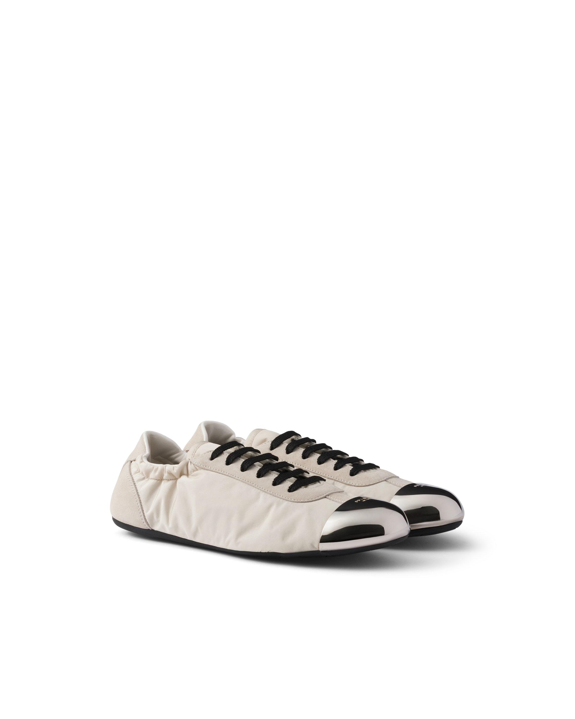 Prada Collapse Sneaker Aus Re-nylon Und Wildleder Mit Zehenkappe Aus Metall, Damen, Elfenbein, Größe 37