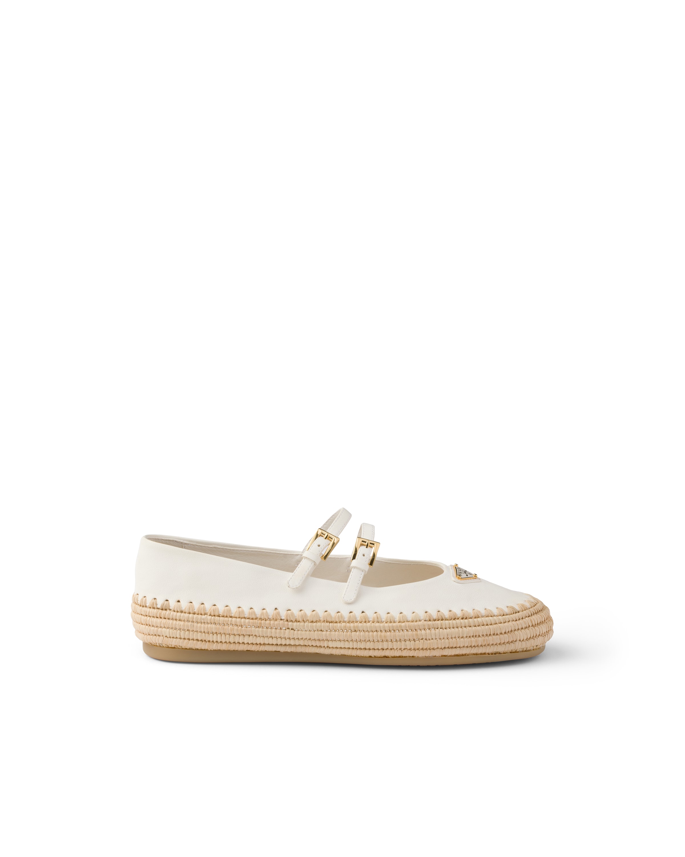 Prada Nappa Leather And Raffia Ballerinas In Ivory