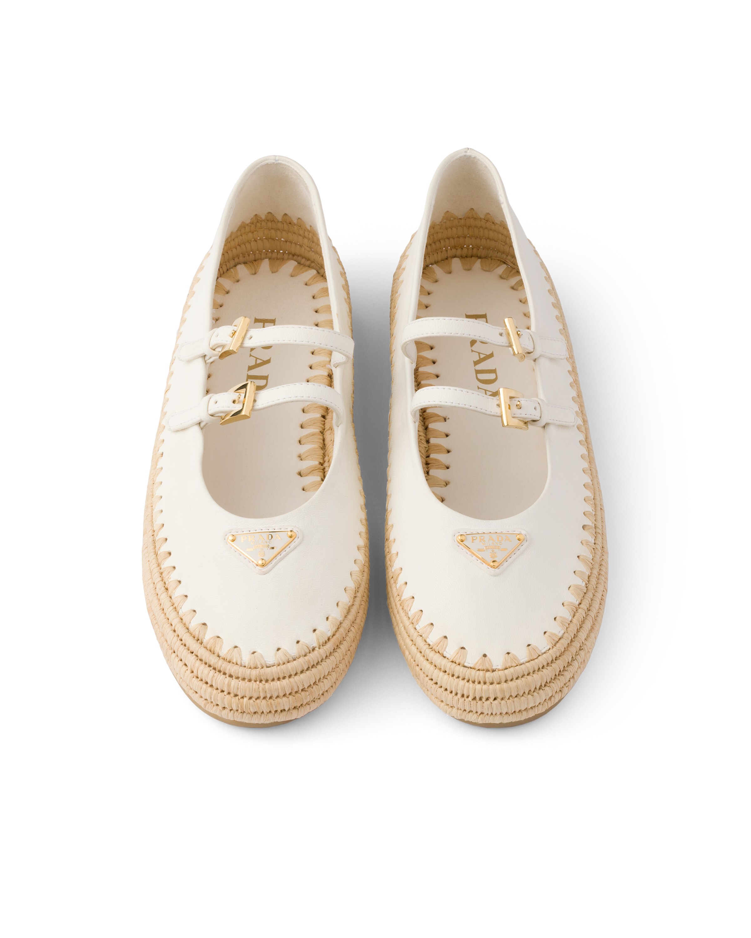 Prada Nappa Leather And Raffia Ballerinas In Ivory