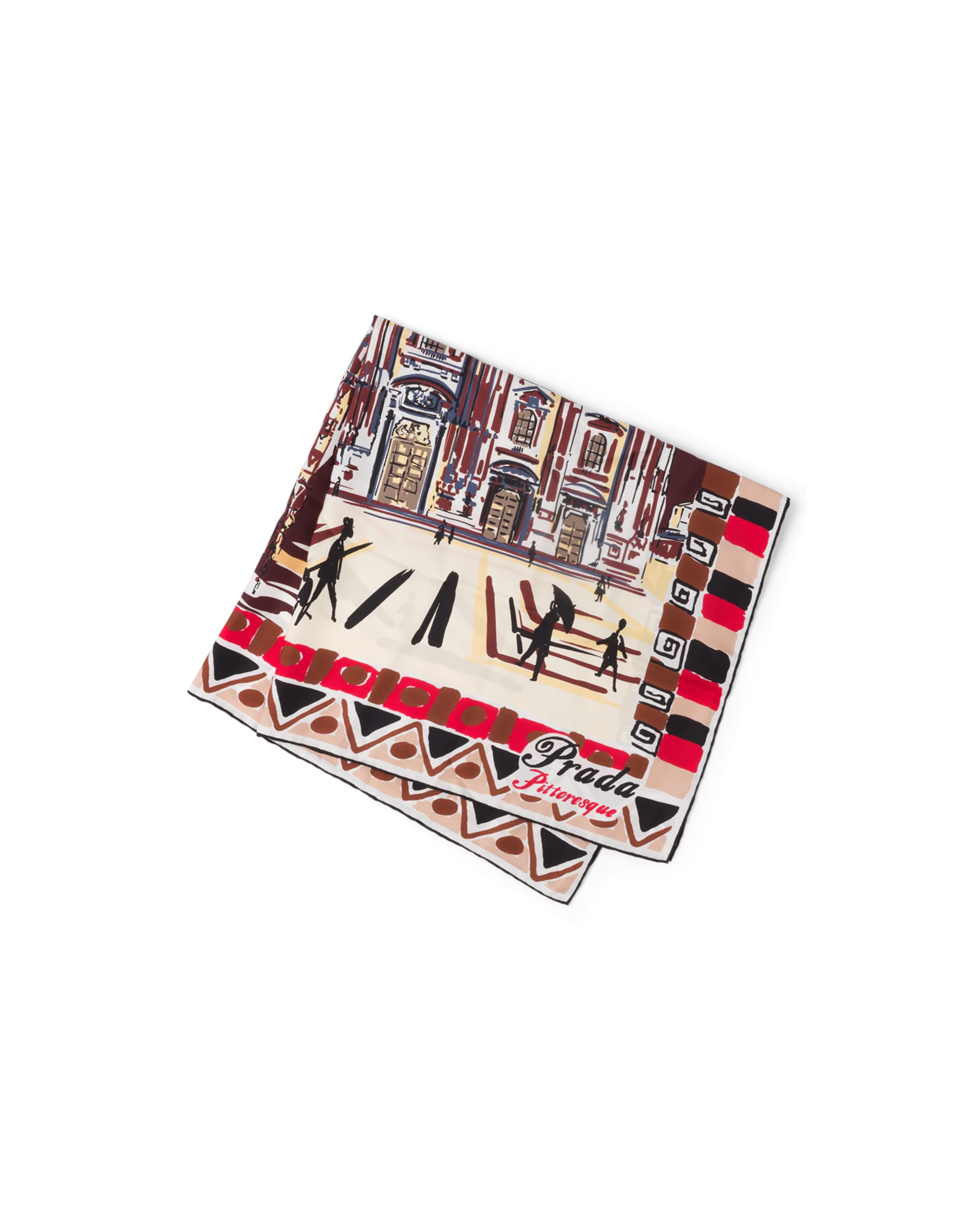 Prada Foulard Pittoresque Milano In Seta Stampata 90x90, Donna, Bordeaux