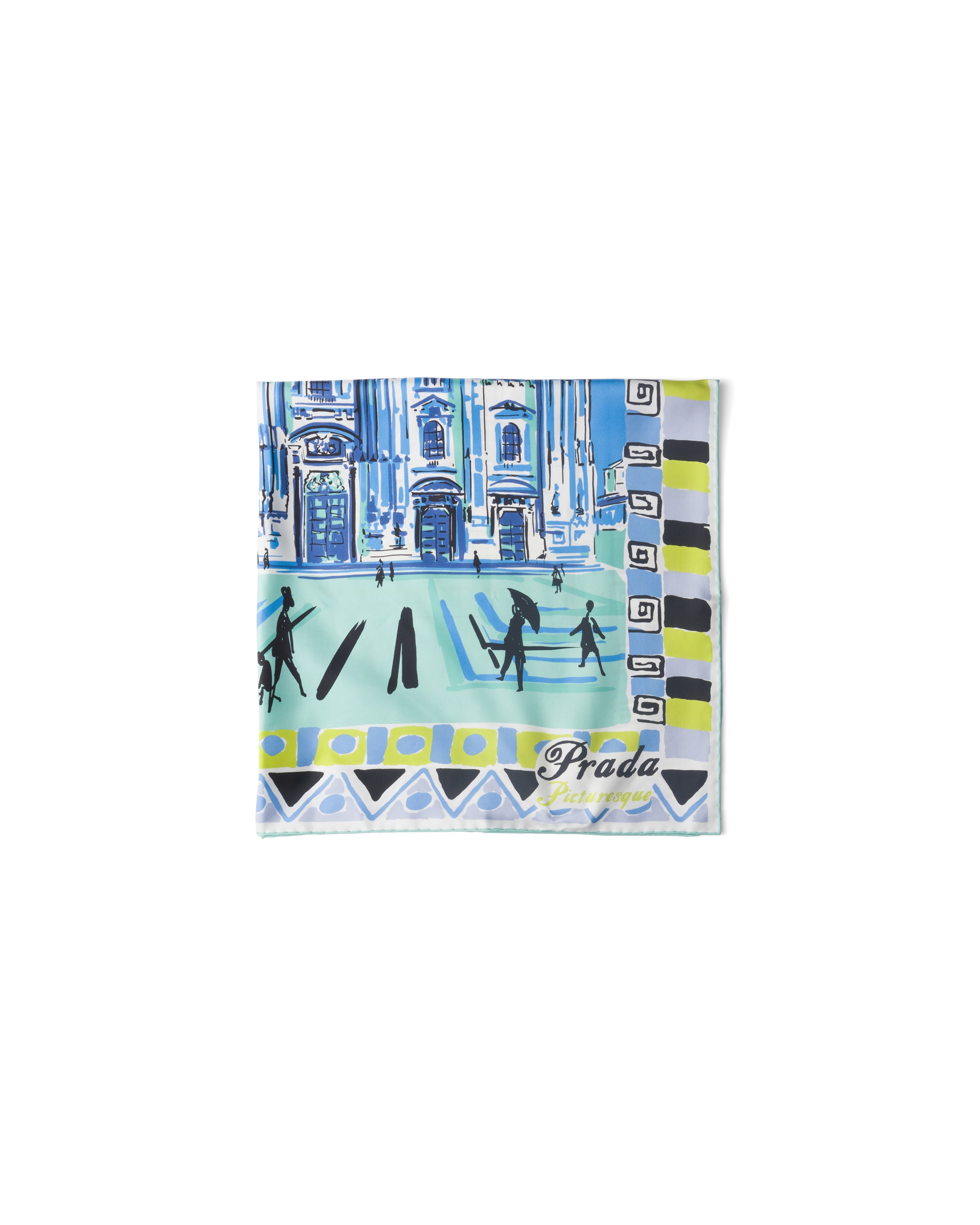 Prada Foulard Pittoresque Milano In Seta Stampata 90x90, Donna, Cielo