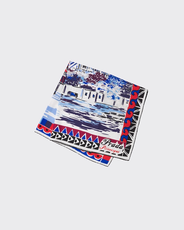 PRADA 洗練 Pittoresque Parisプリント 90シルクスカーフ Navy Pittoresque Paris printed silk foulard 90x90 | PRADA
