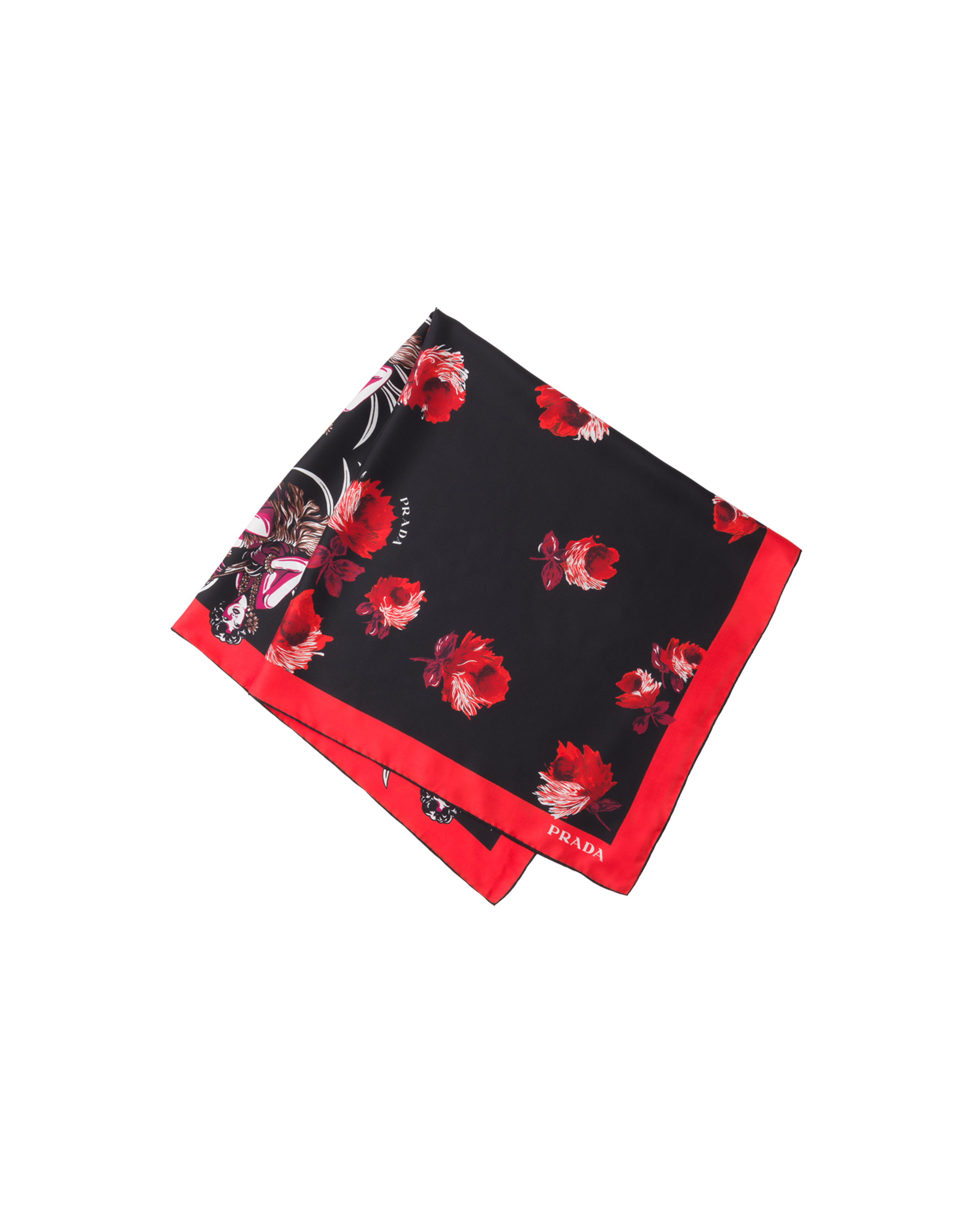 Prada Hawaii And Rose Print Scarf In Red/black