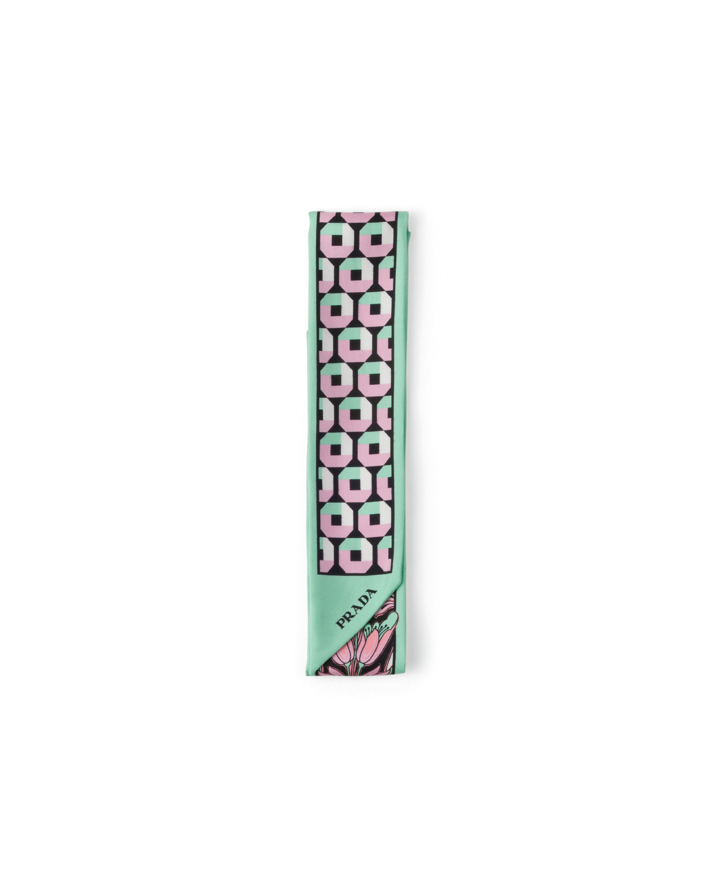 Prada Nastro Stampato In Twill Di Seta, Donna, Menta/petalo