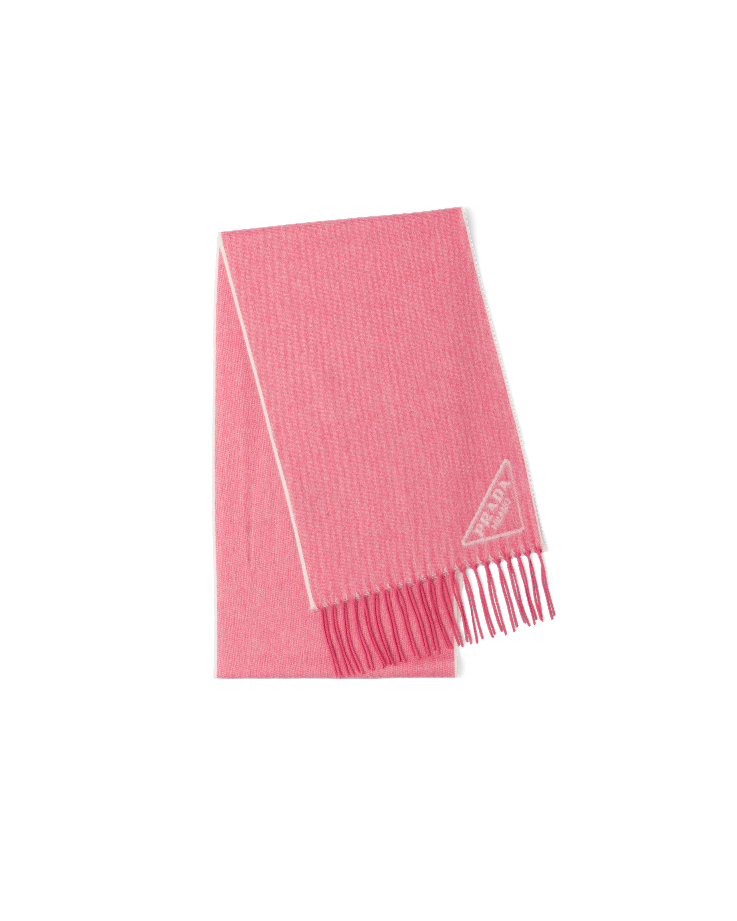 Prada Triangle Logo Cashmere Fringe Scarf In Camellia/talc