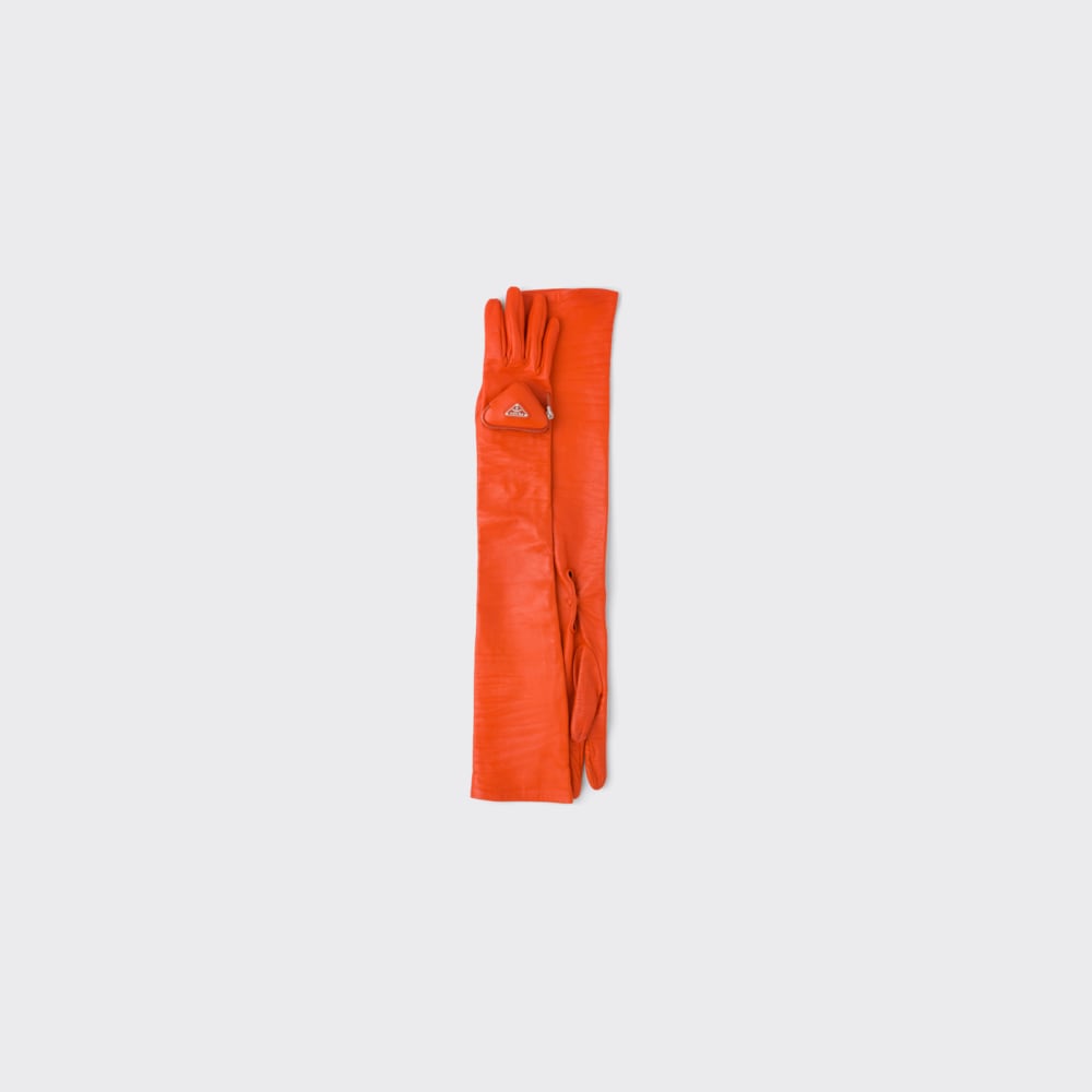 Orange Long nappa leather gloves with pouch Prada