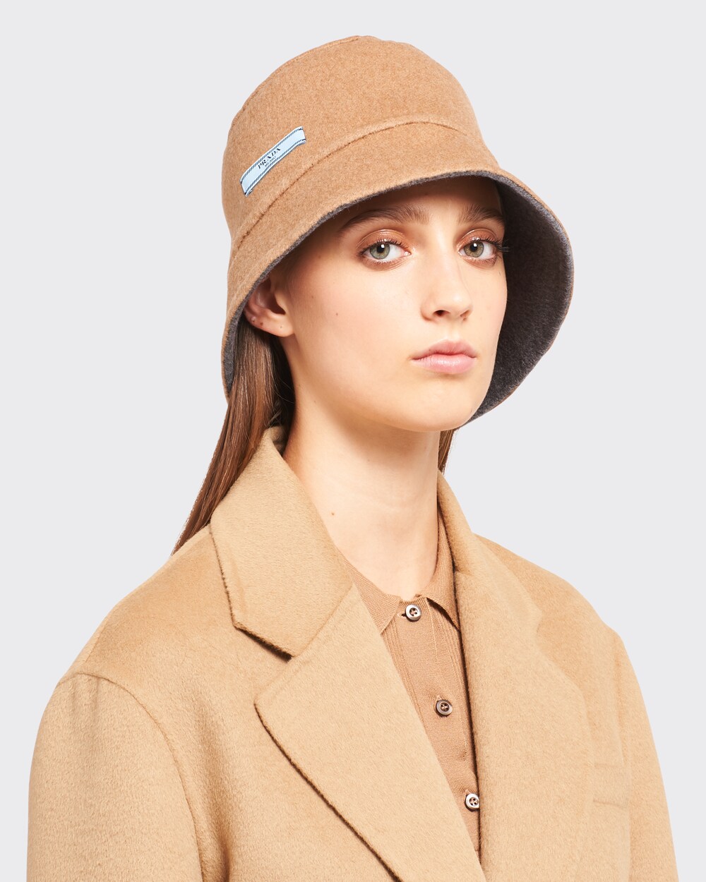 Slate/camel Cashmere bucket hat | Prada