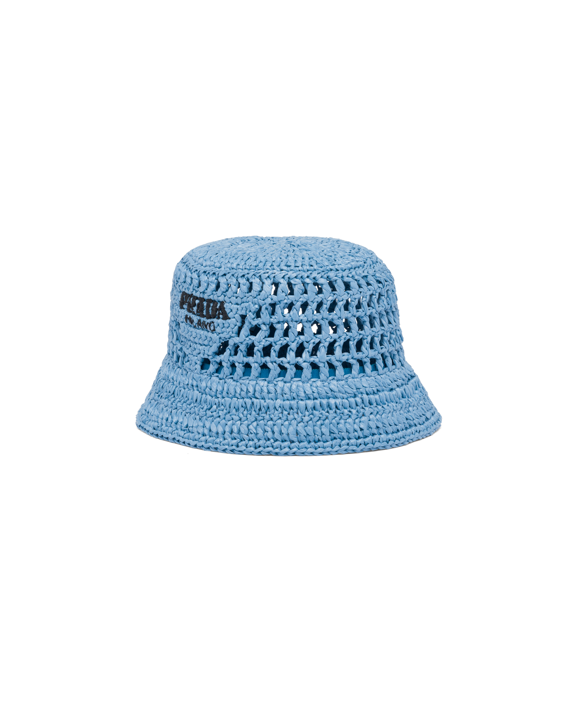 Prada Logo Raffia Bucket Hat In Light Blue