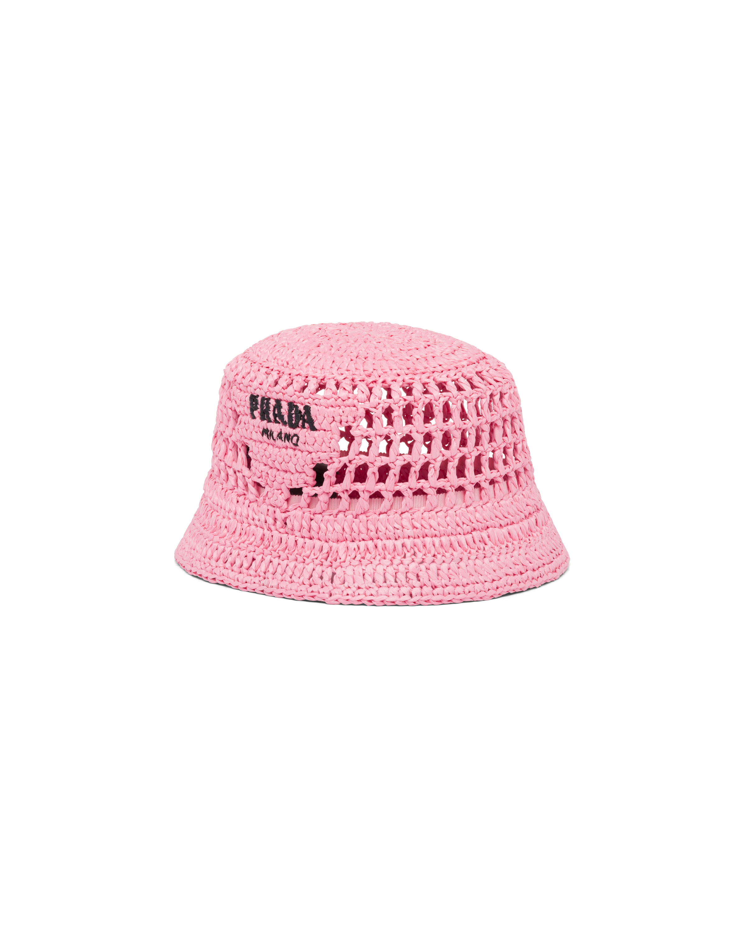 Prada Embroidered-logo Raffia Bucket Hat In Pink