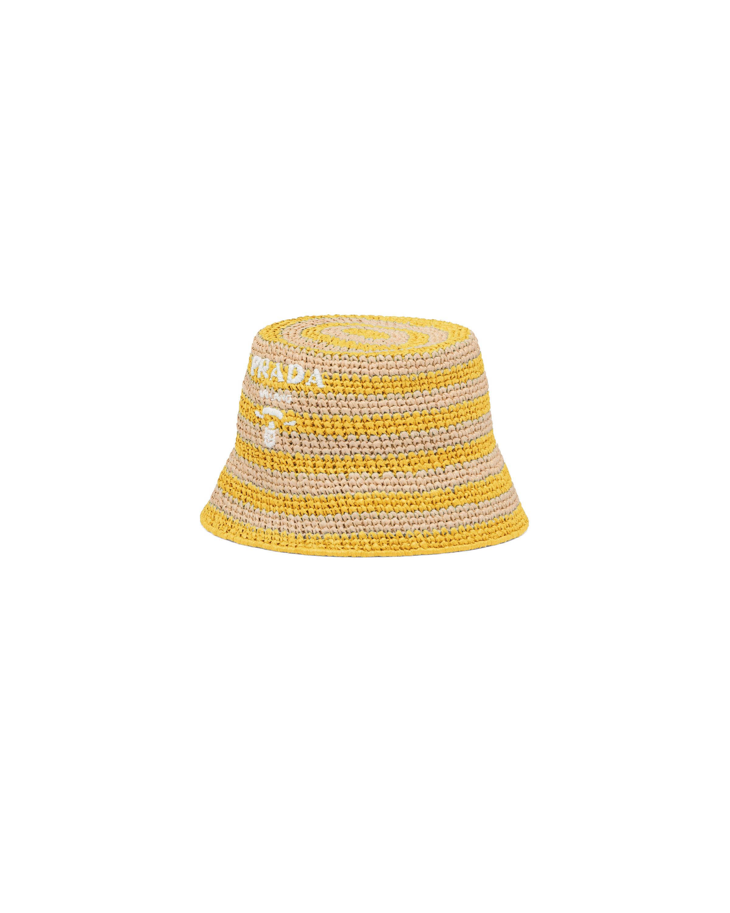 Prada Logo Striped Raffia Bucket Hat In Beige/yellow