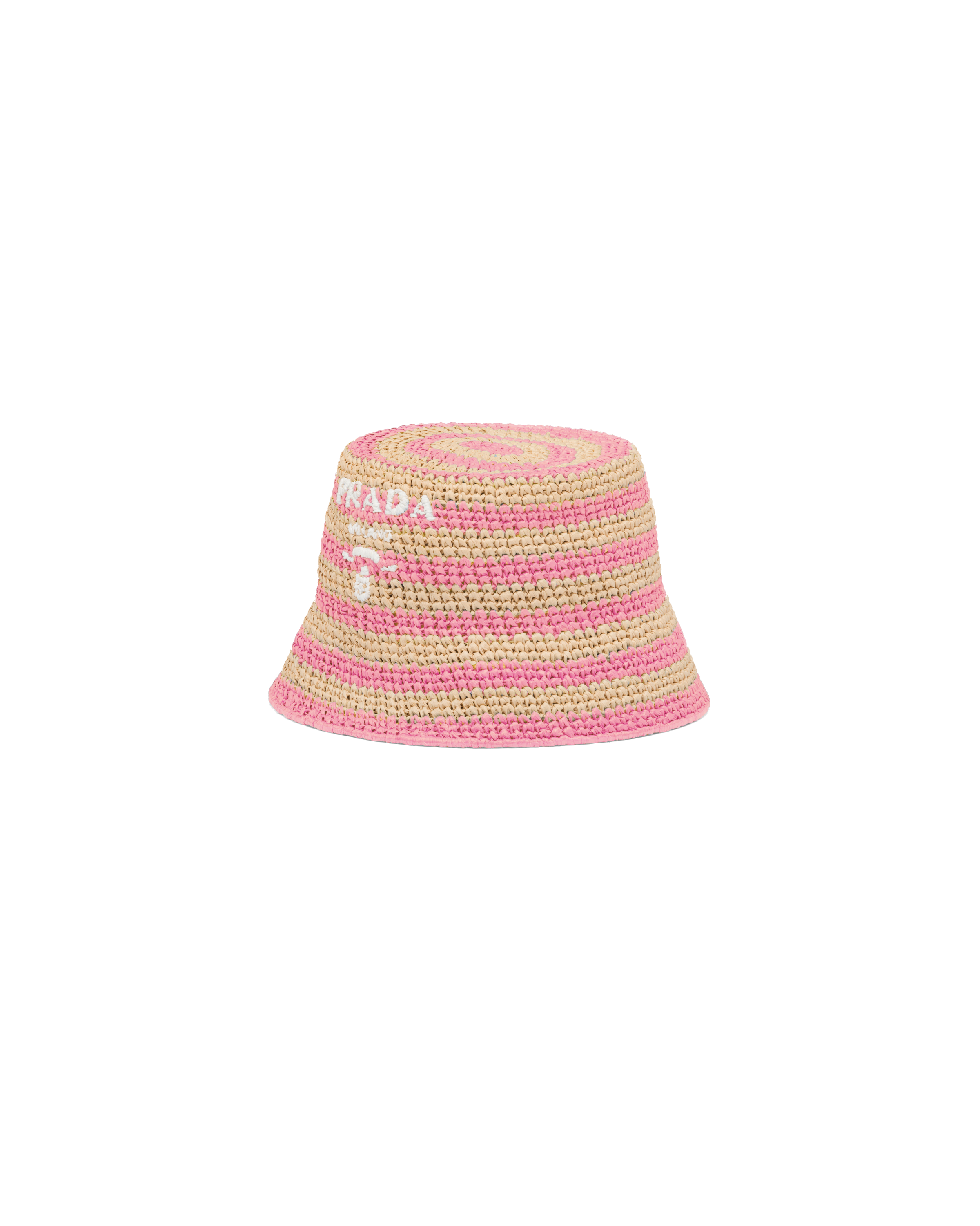 Prada Logo Striped Raffia Bucket Hat In Tan/petal Pink