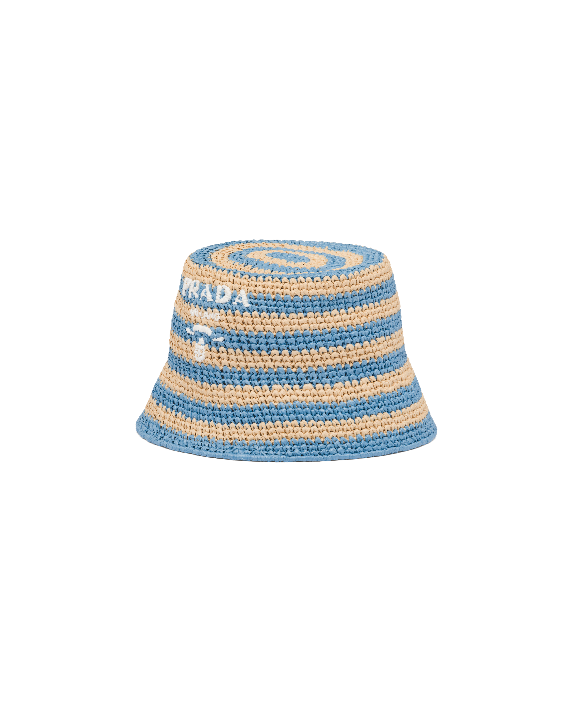 Prada Logo Striped Raffia Bucket Hat In Tan / Light Blue