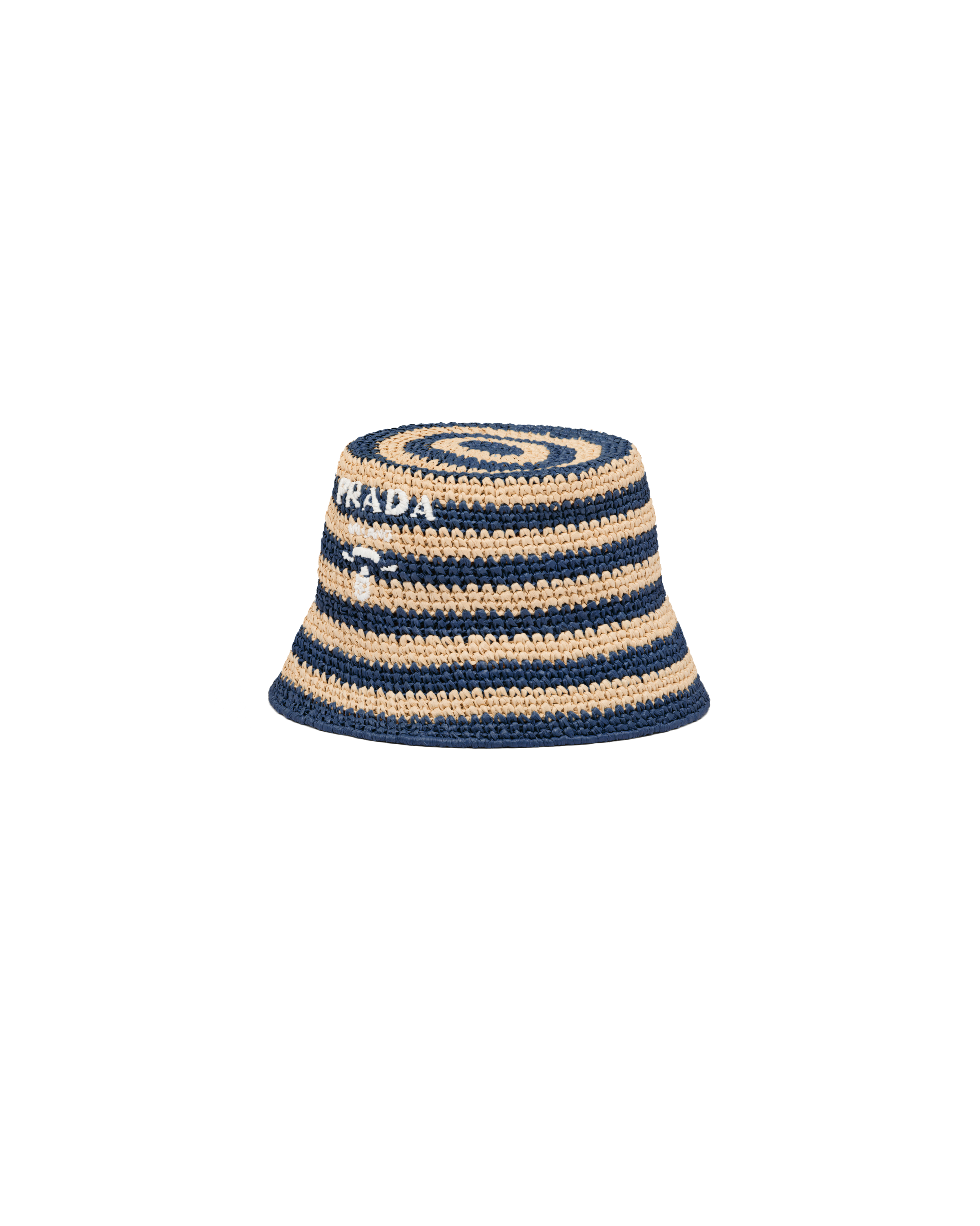 Prada Logo Striped Raffia Bucket Hat In Beige/baltic Blue