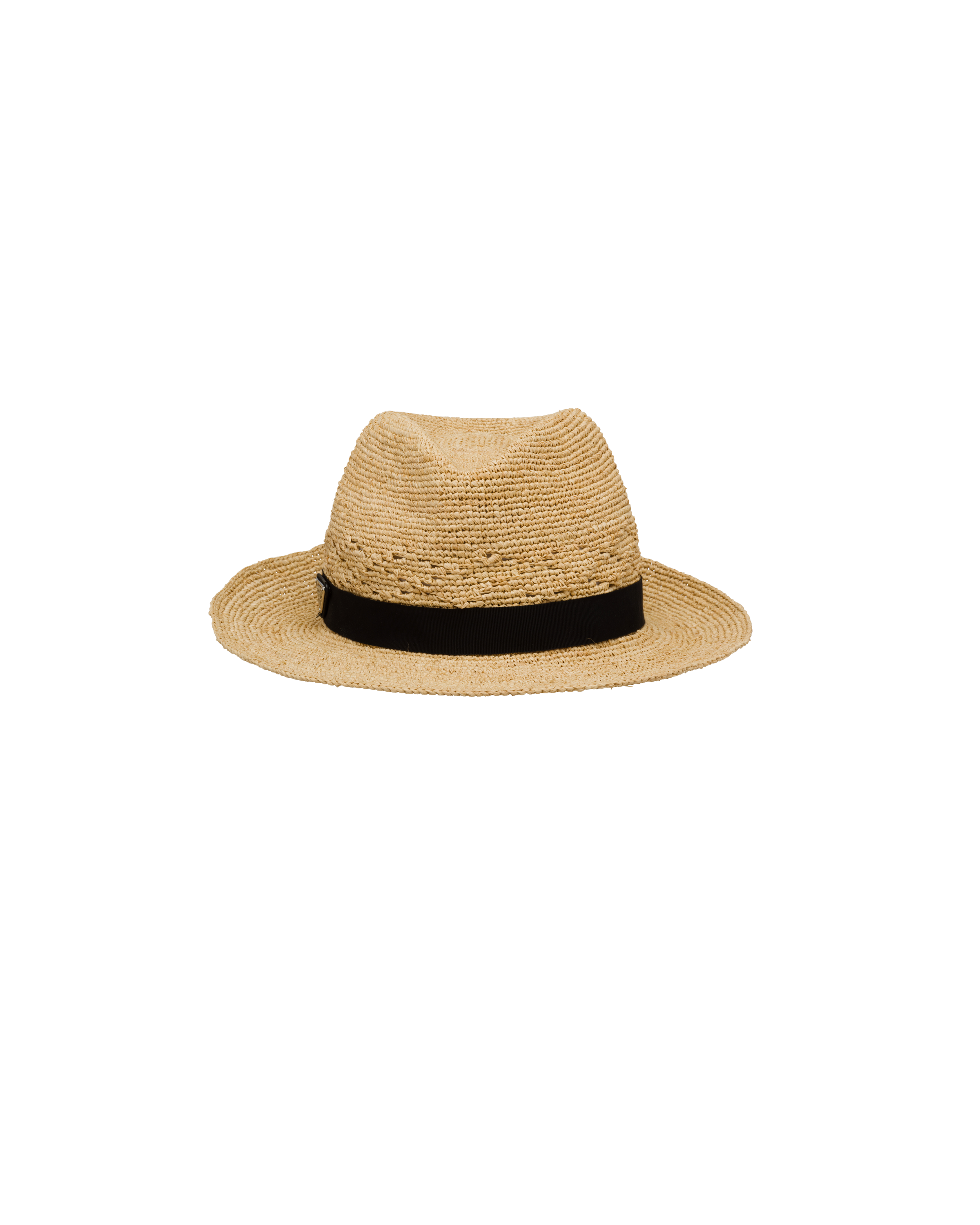 Prada Black and Natural Straw Fedora with Logo Patch Natural/Bright Blue Woven straw hat | PRADA - United States main image 4