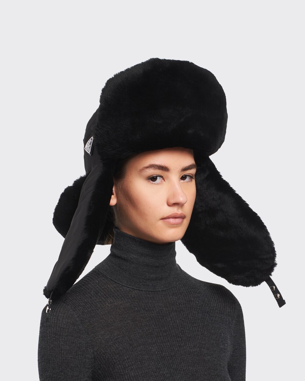 Black Nylon and shearling hat | Prada