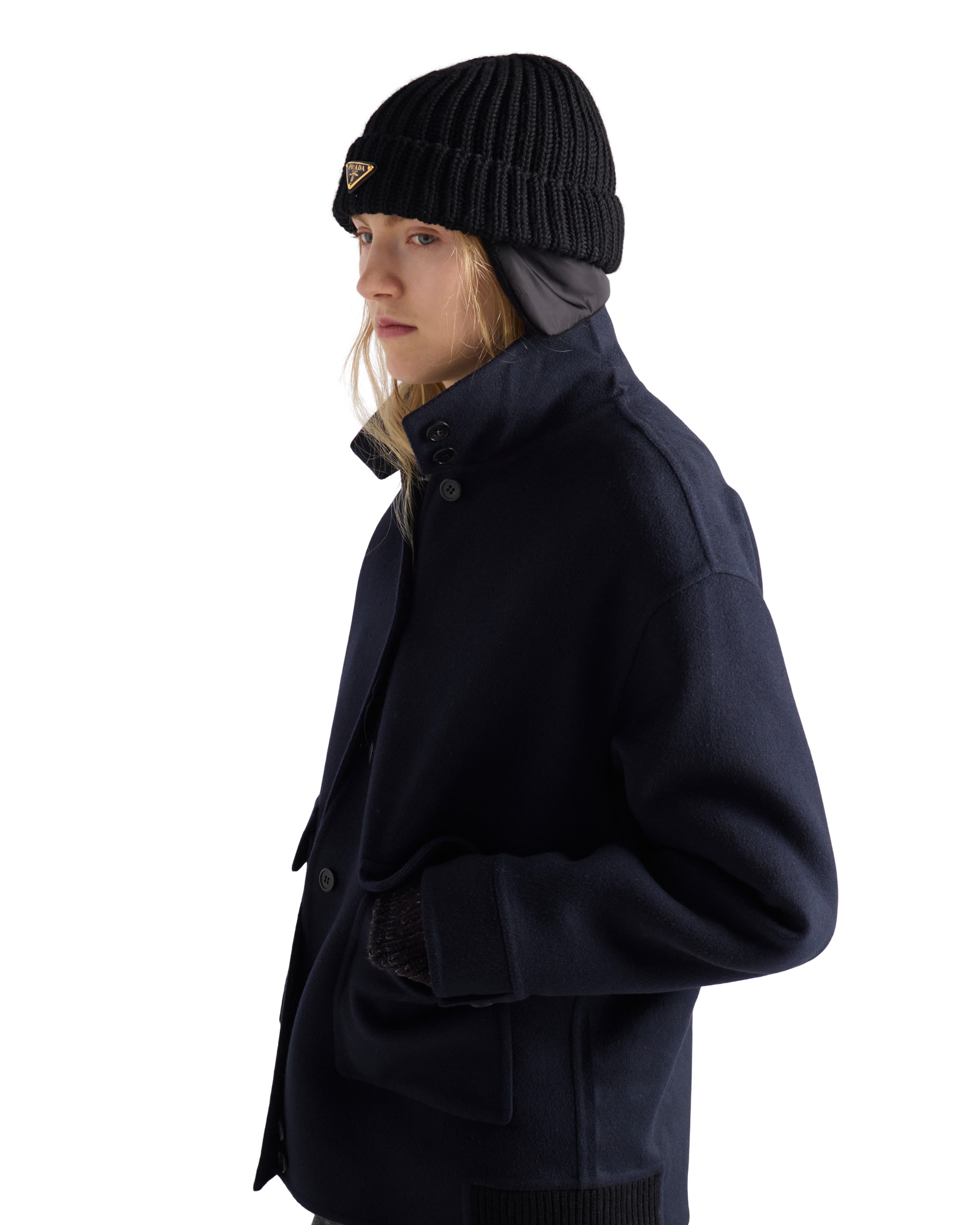 Prada Triangle-logo Knitted Beanie Hat In Black