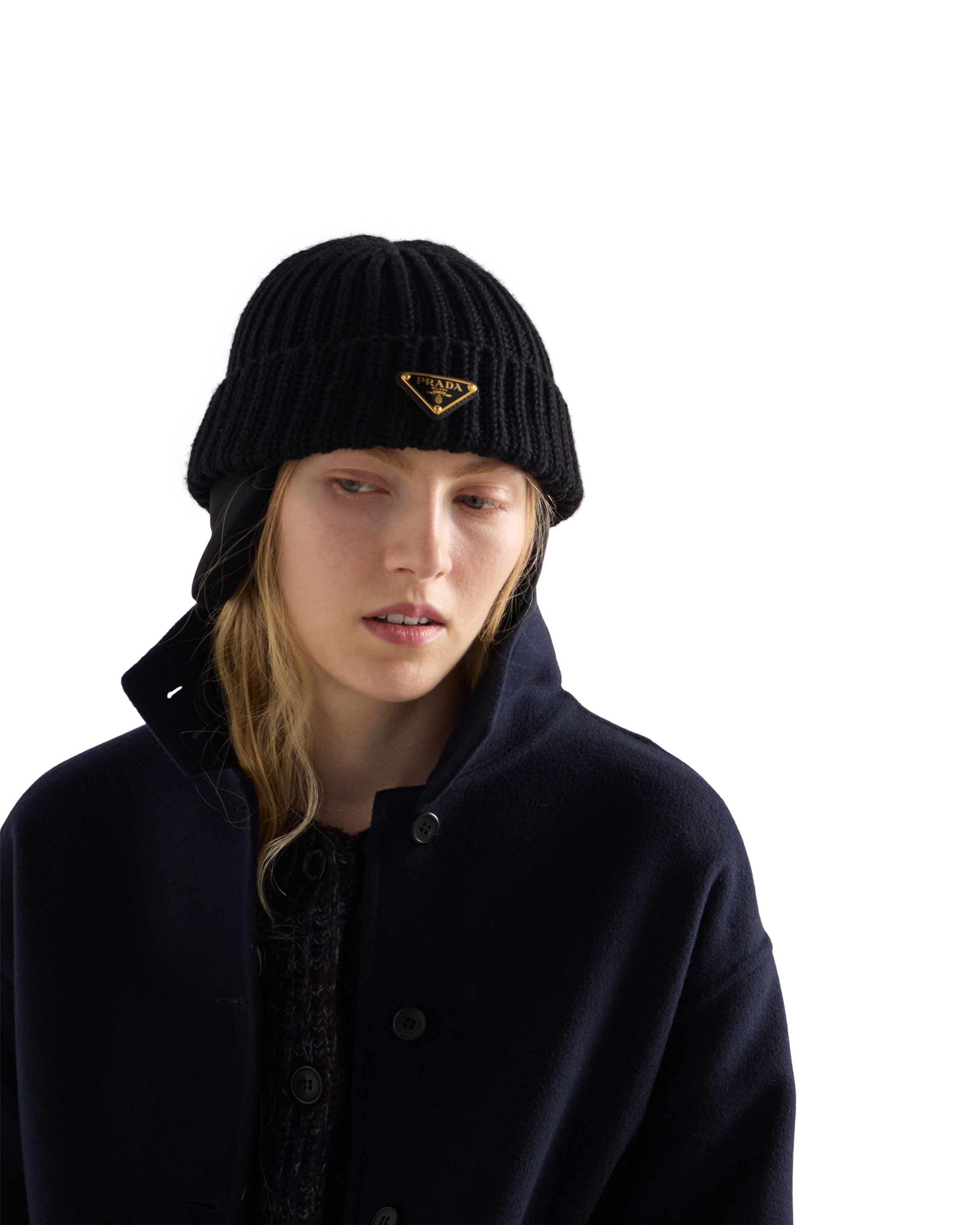 Prada Triangle-logo Knitted Beanie Hat In Black