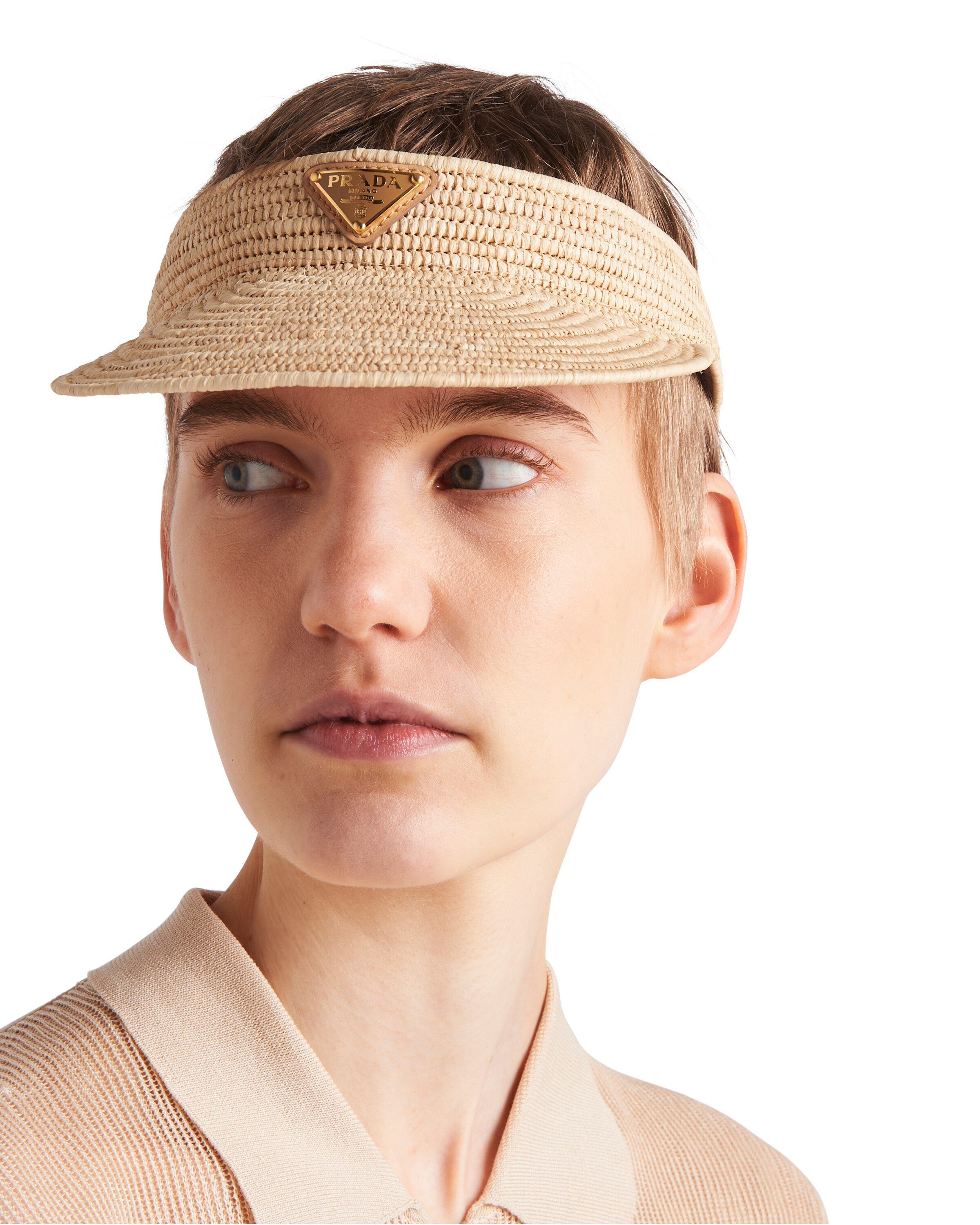 Prada Triangle-logo Crochet Visor In Neutral
