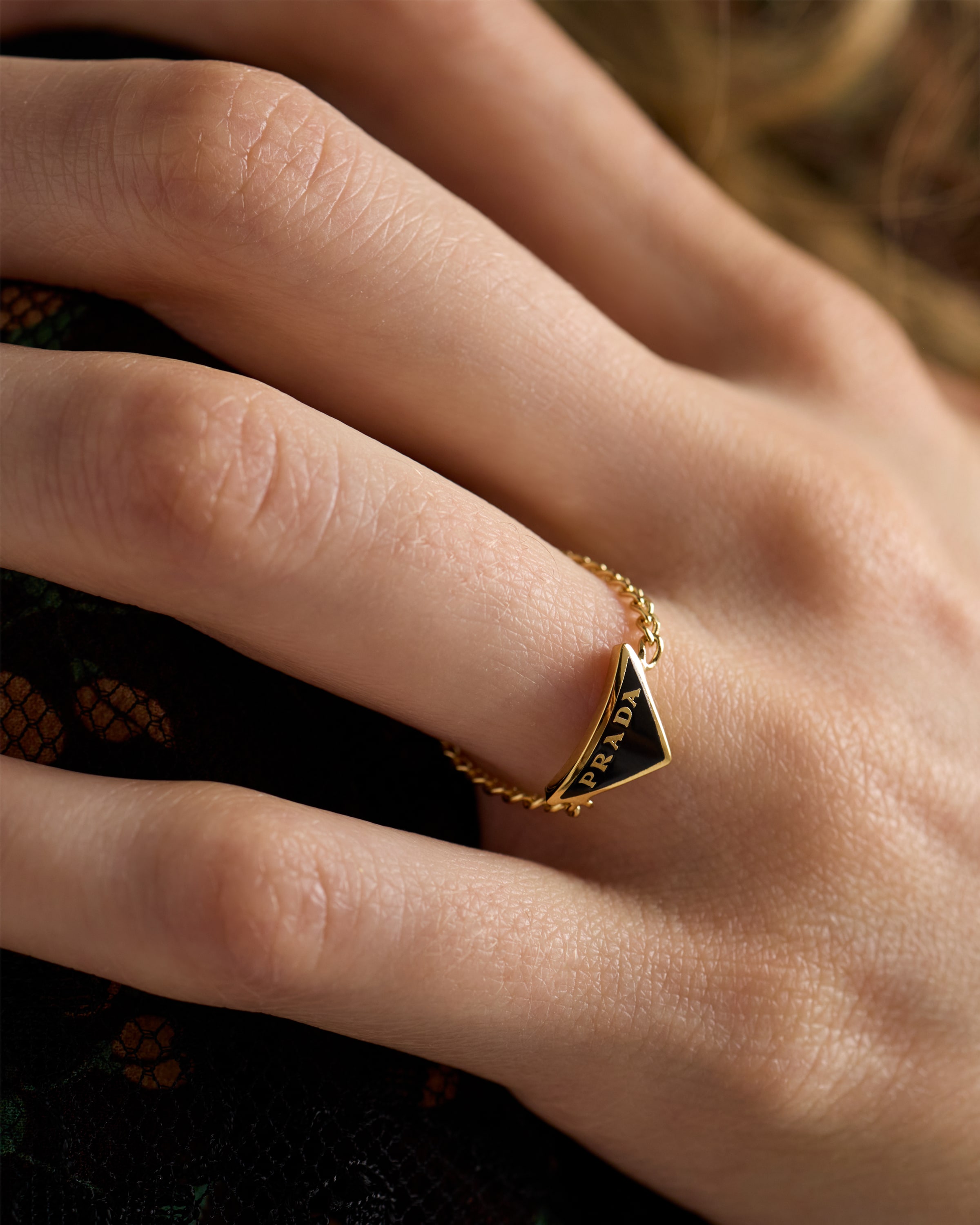 Prada Enamel Triangle Chain Ring In Gold
