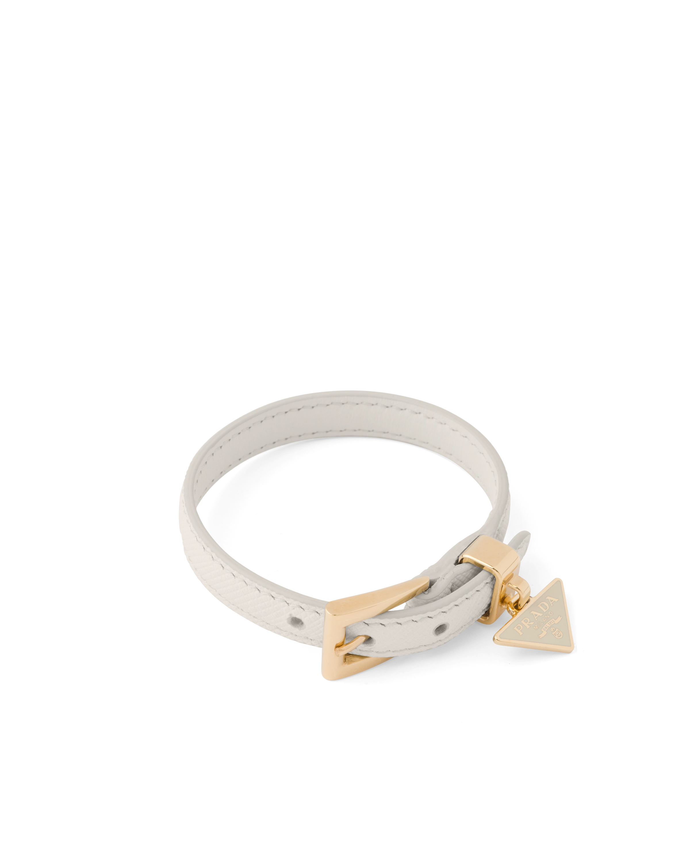 Prada Womens Neutral Logo-charm Leather Bracelet In Kalkweiss