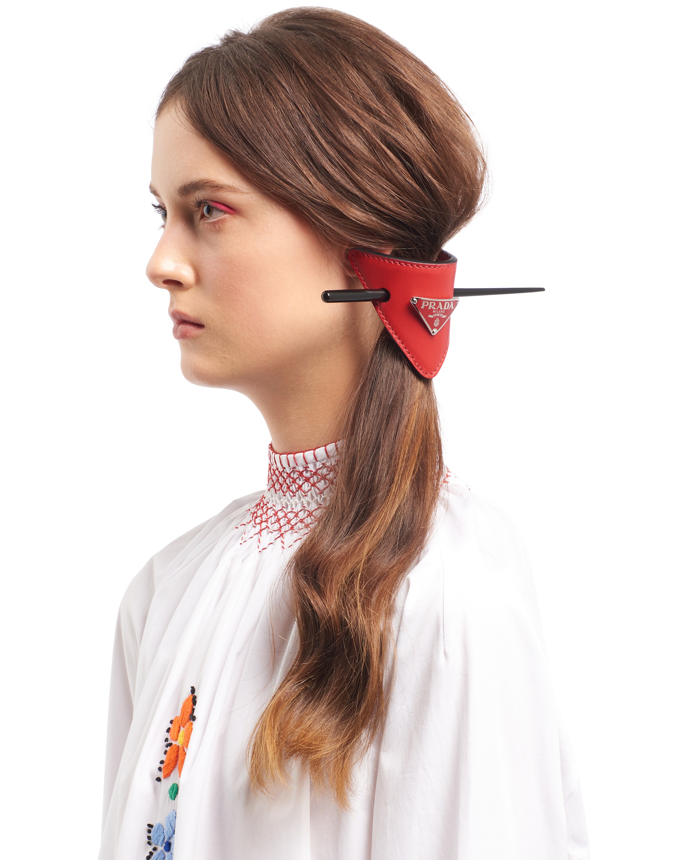 Fiery Red Leather hair clip Prada