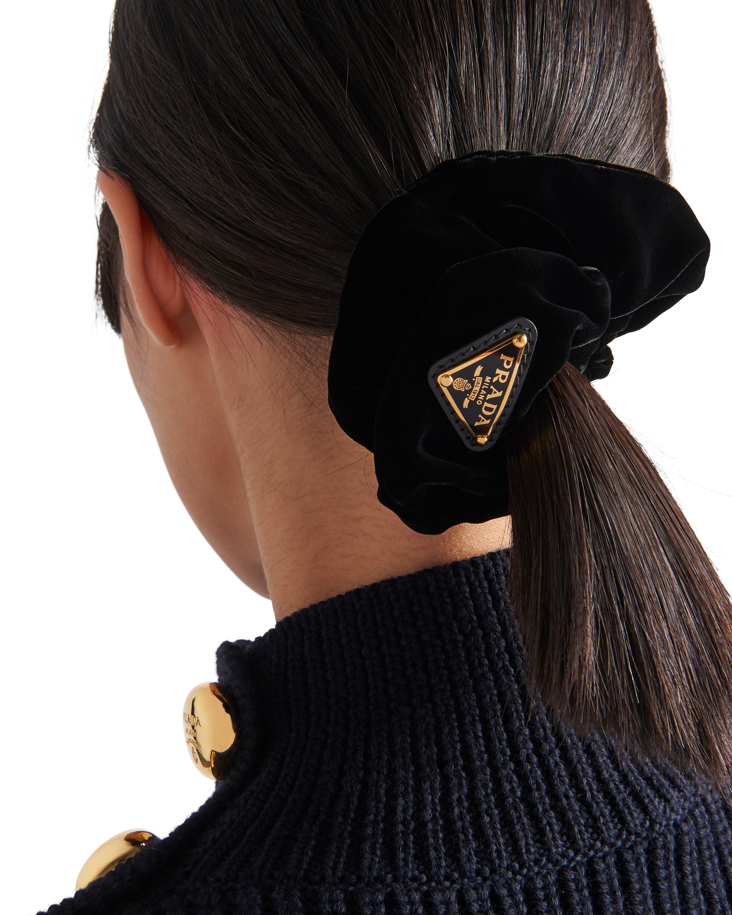 Prada Triangle-logo Velvet Scrunchie In Black