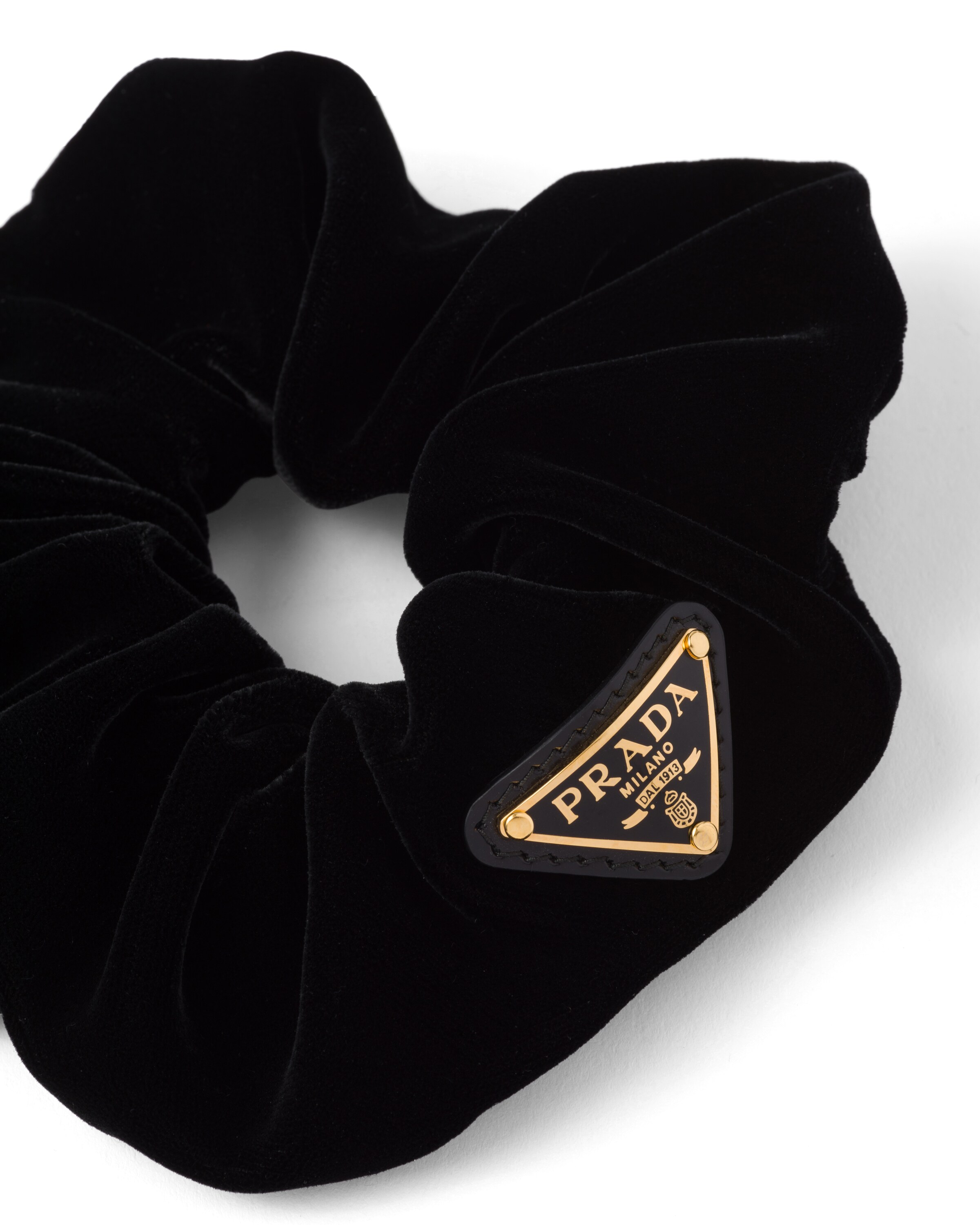 Prada Triangle-logo Velvet Scrunchie In Black