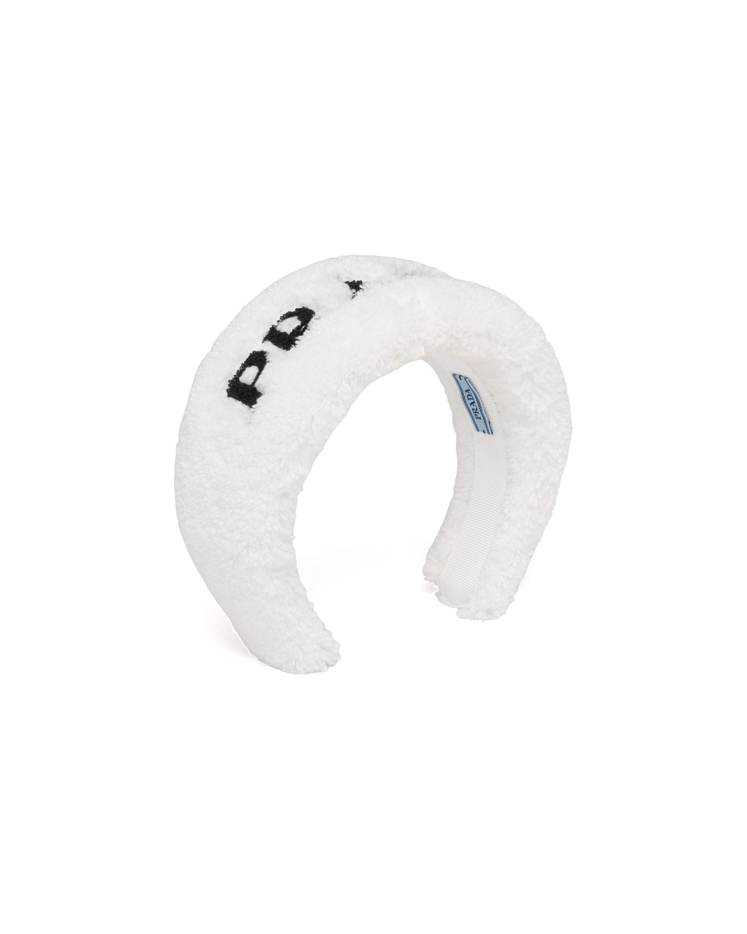Prada Embroidered-logo Textured-finish Headband In White/black