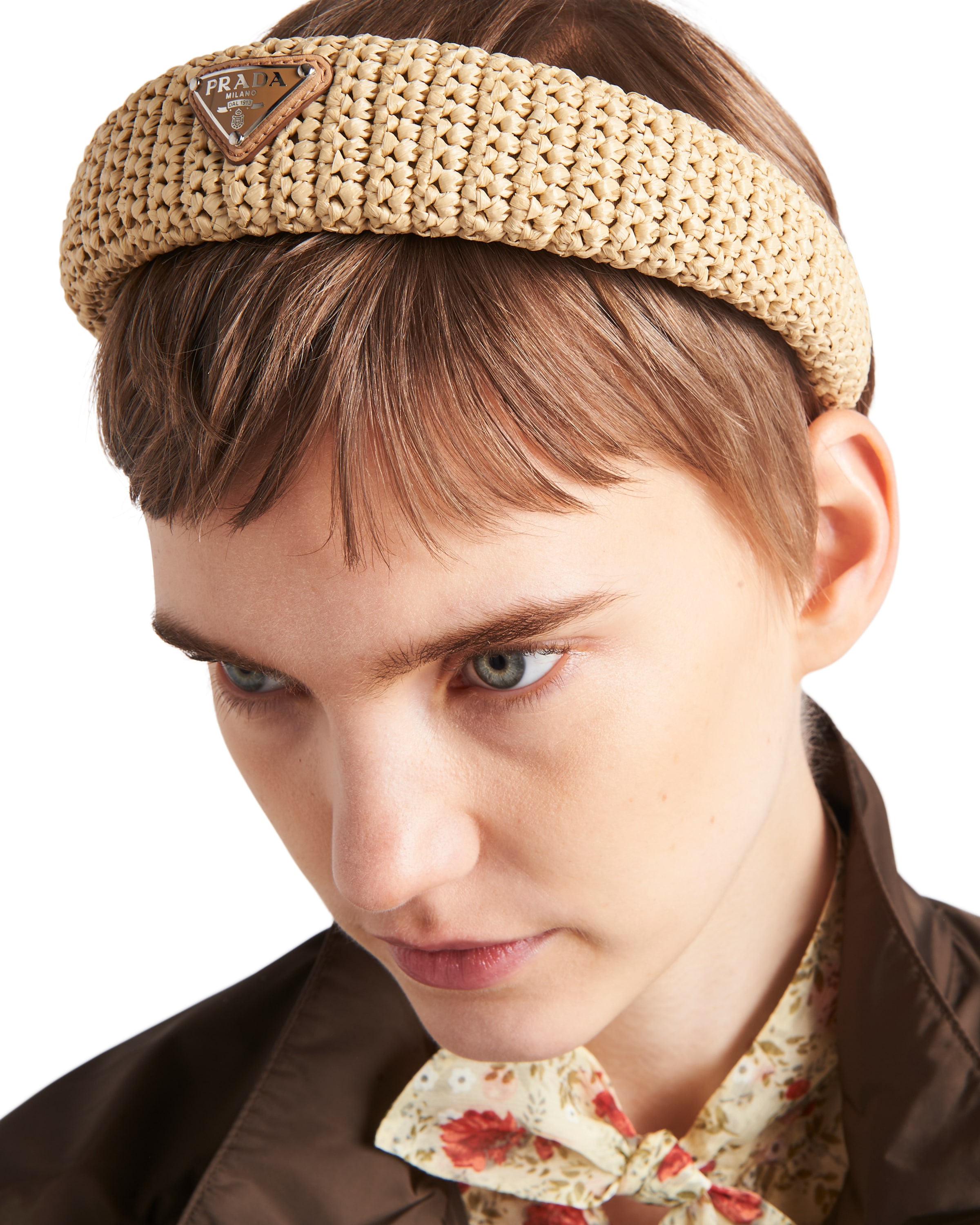 Prada Neutral Triangle-logo Wicker Headband In Natural