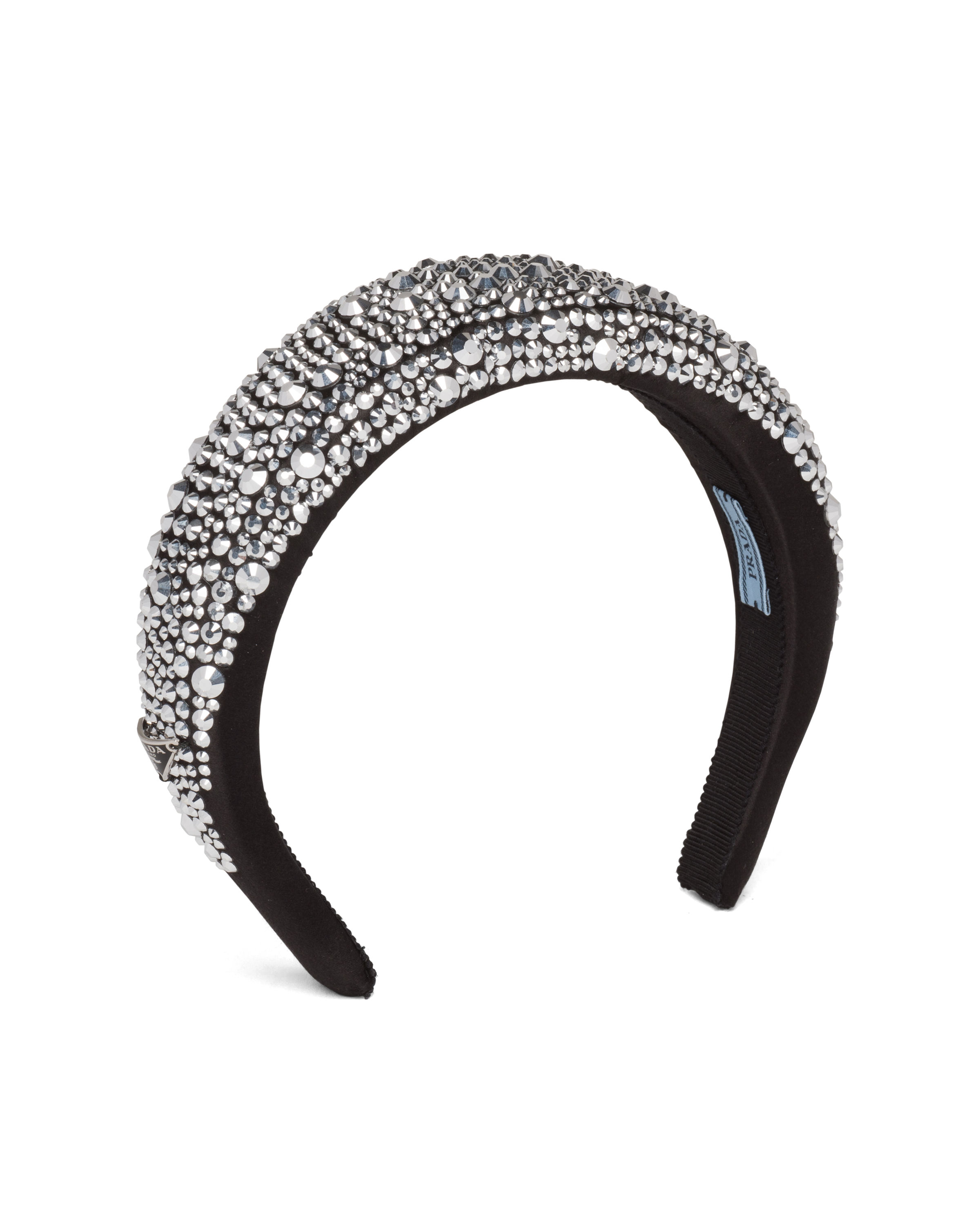 Prada Crystal Embellished Satin Headband In Silver