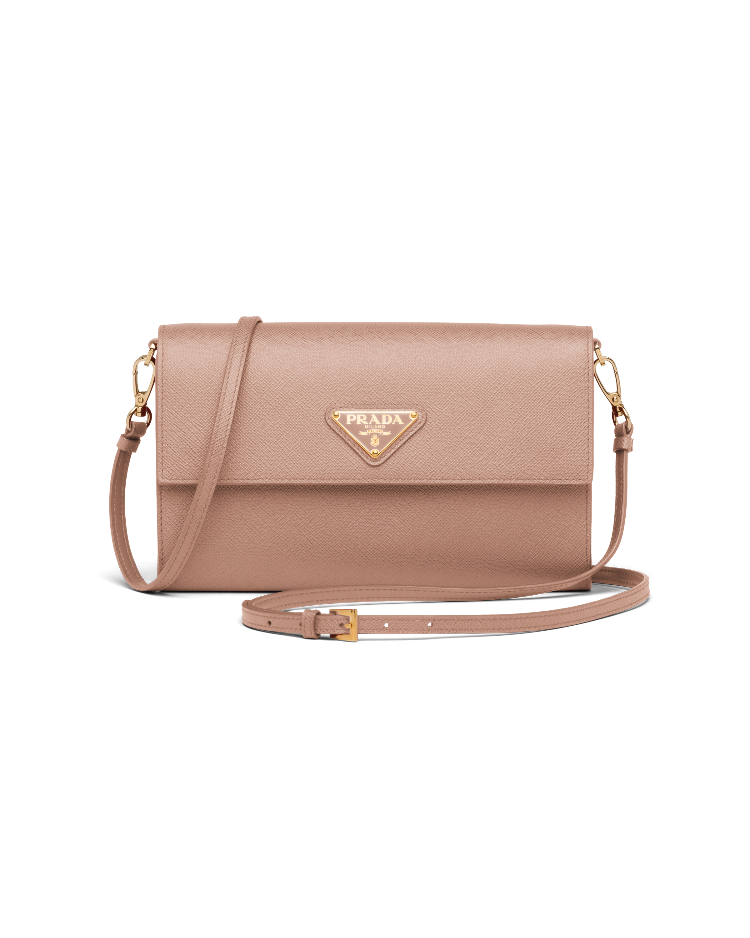 Powder Pink Saffiano And Leather Wallet With Shoulder Strap