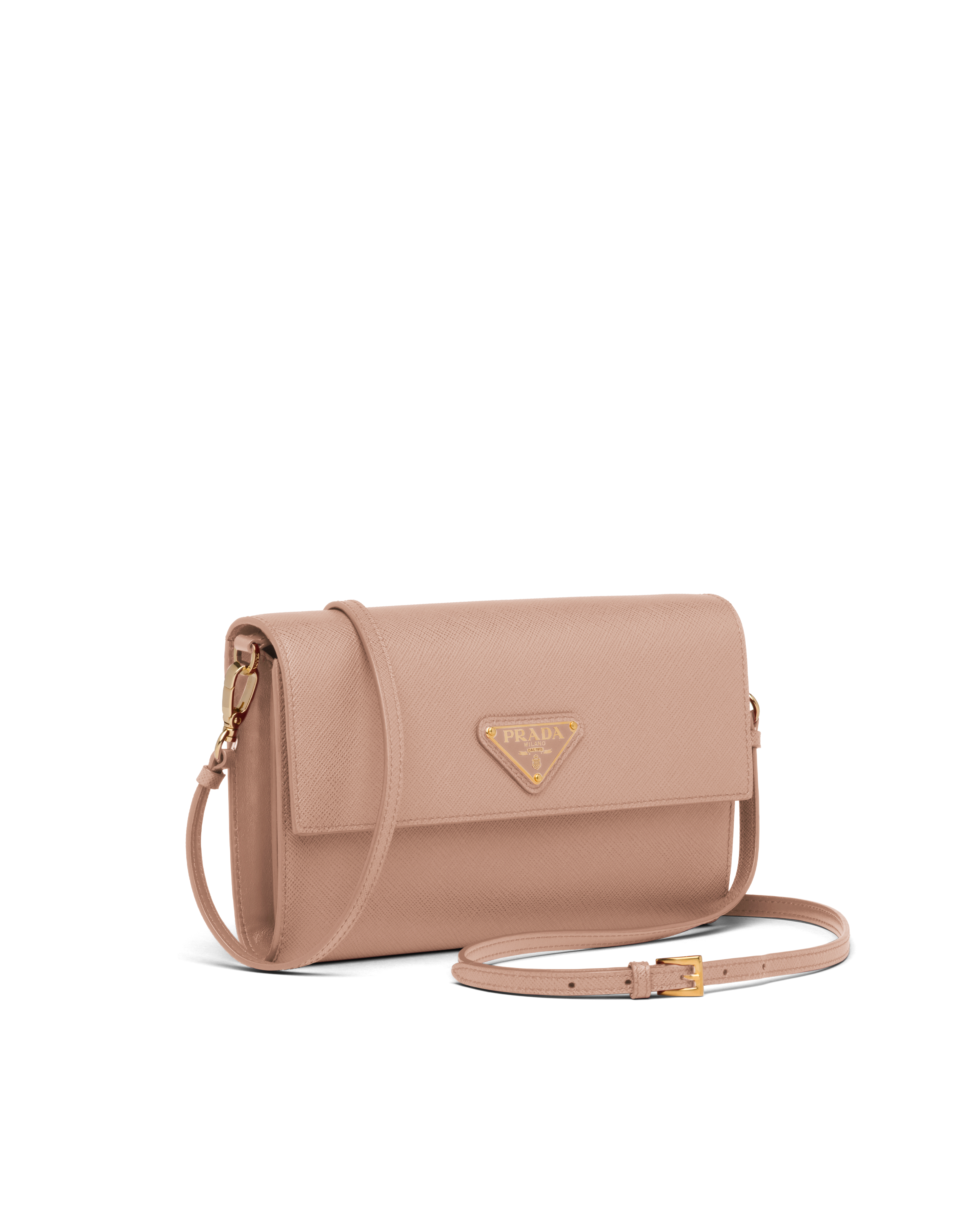 Powder Pink Saffiano And Leather Wallet With Shoulder Strap PRADA