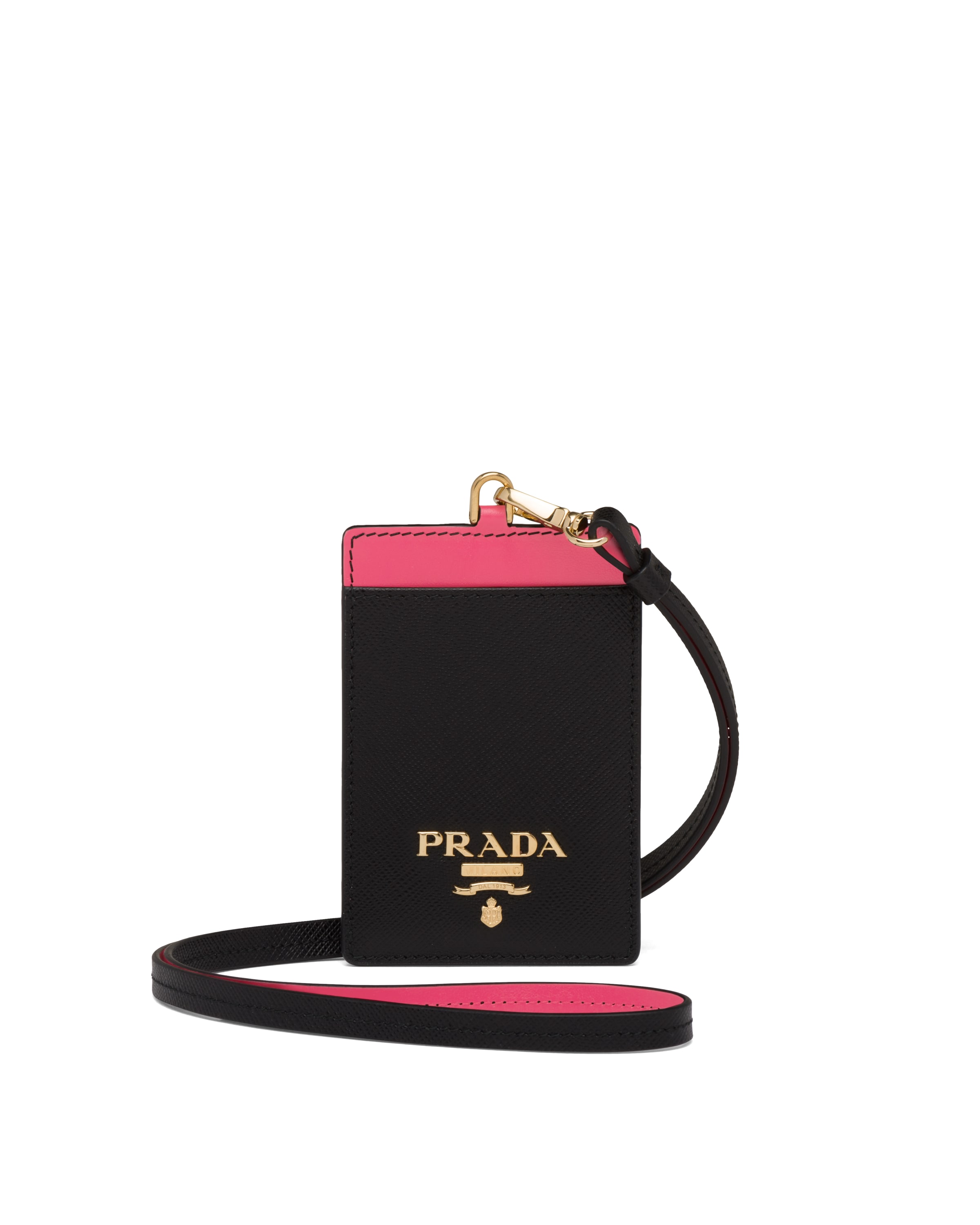 Black/peony Pink Saffiano leather badge holder Prada