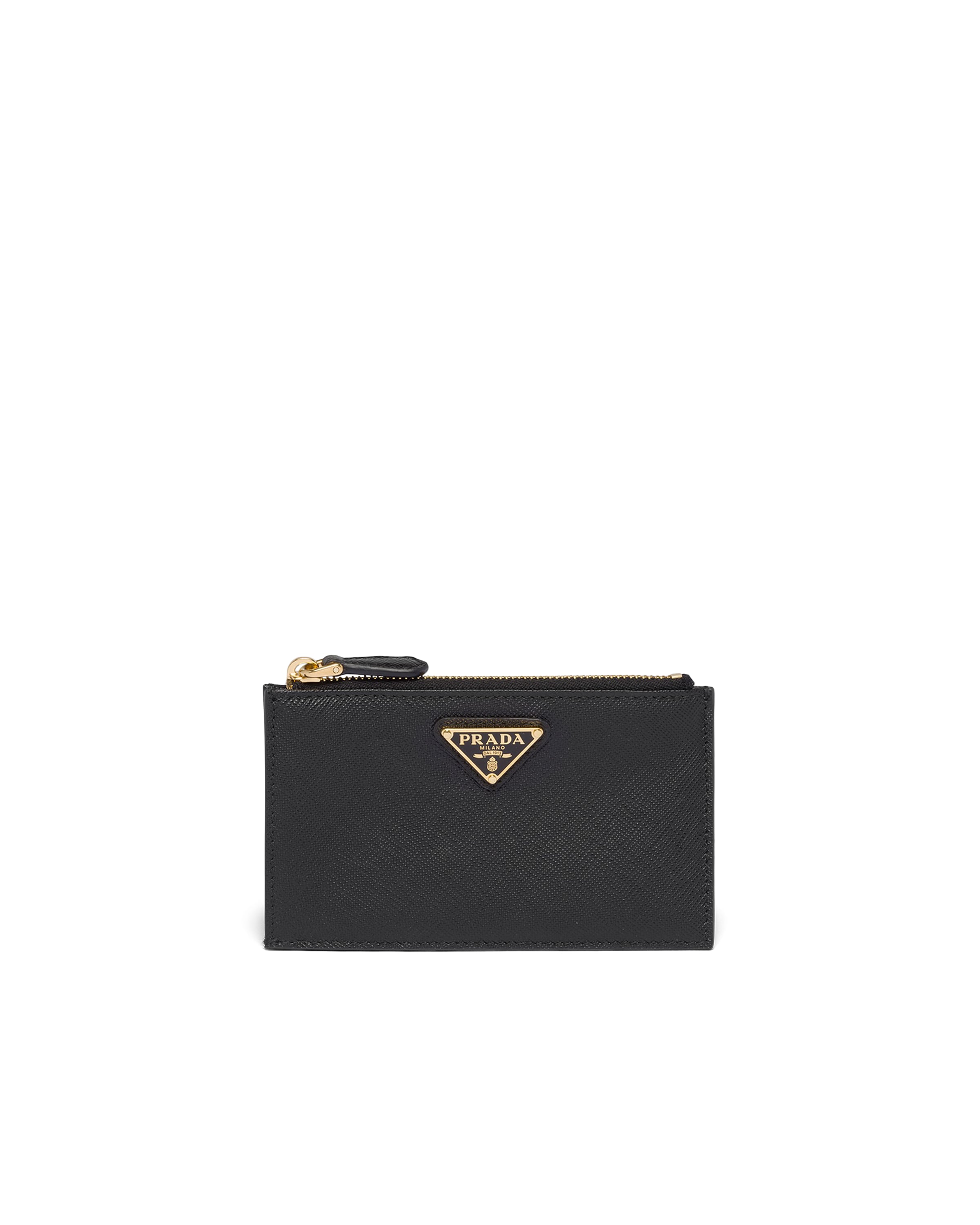 Prada Coin Purse In Saffiano Leather With Metal Triangle Logo In Black