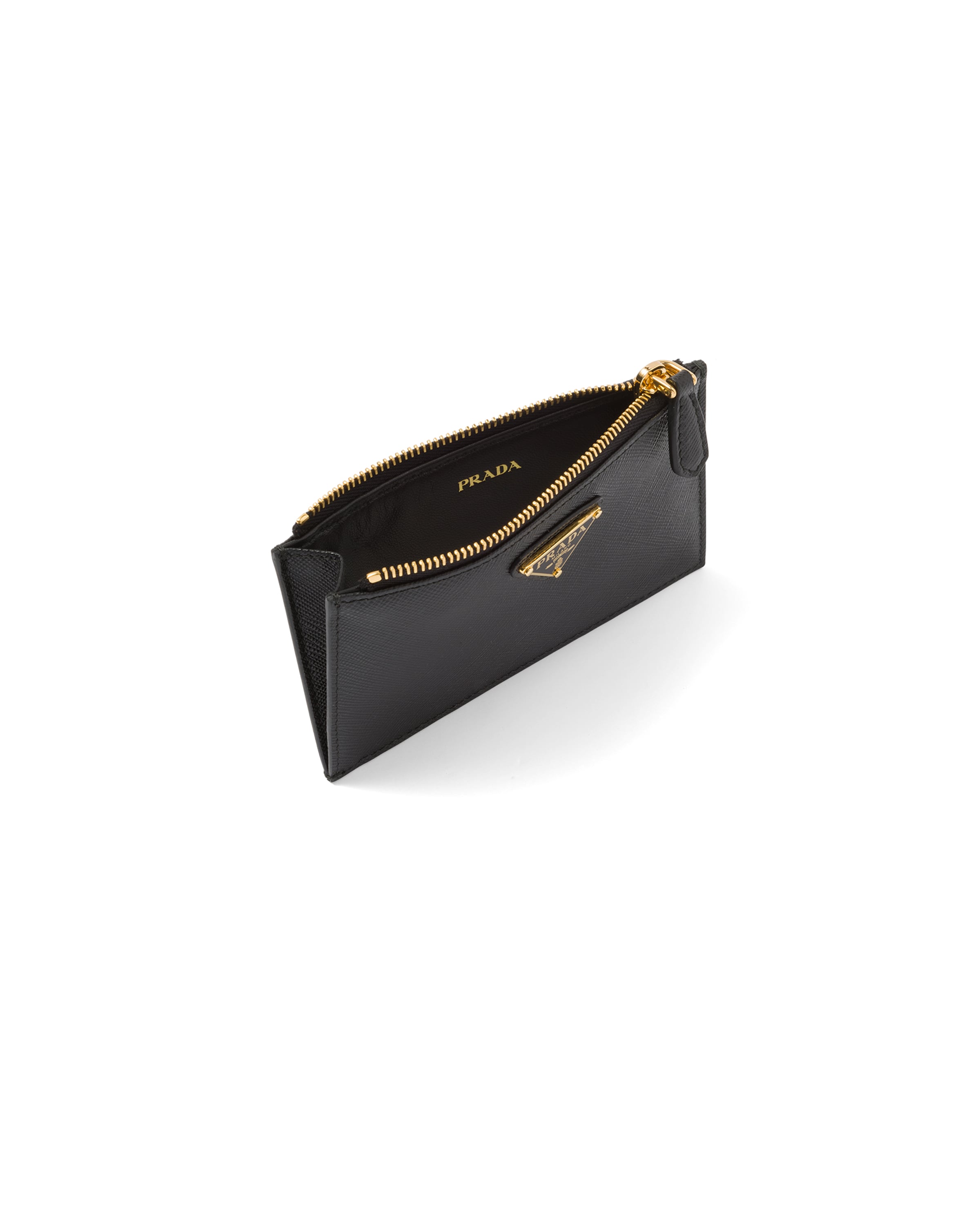 Prada Coin Purse In Saffiano Leather With Metal Triangle Logo In Black
