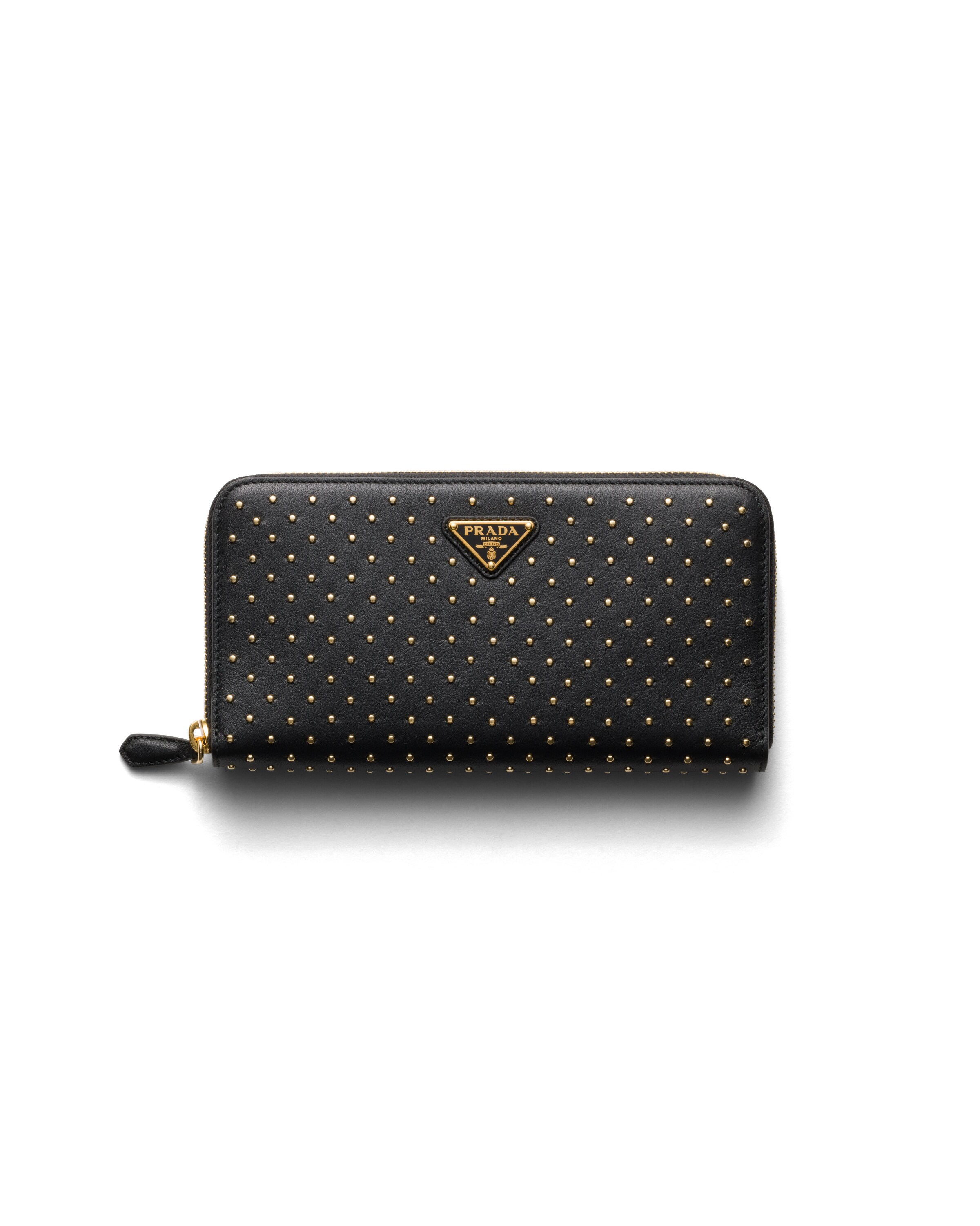 Prada Large Studded Leather Wallet, Women, Black
