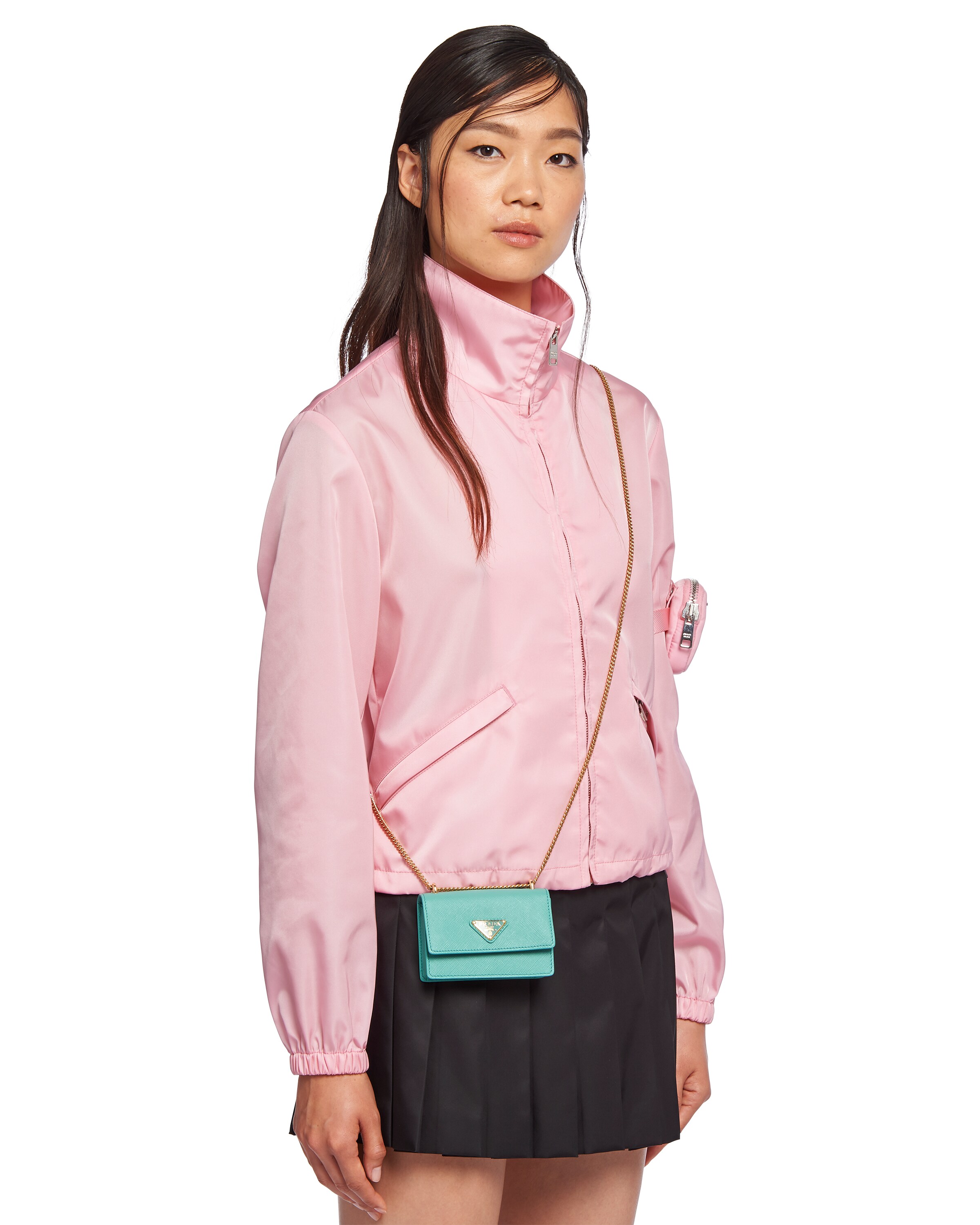 Jade Green Saffiano leather card holder with shoulder strap Prada