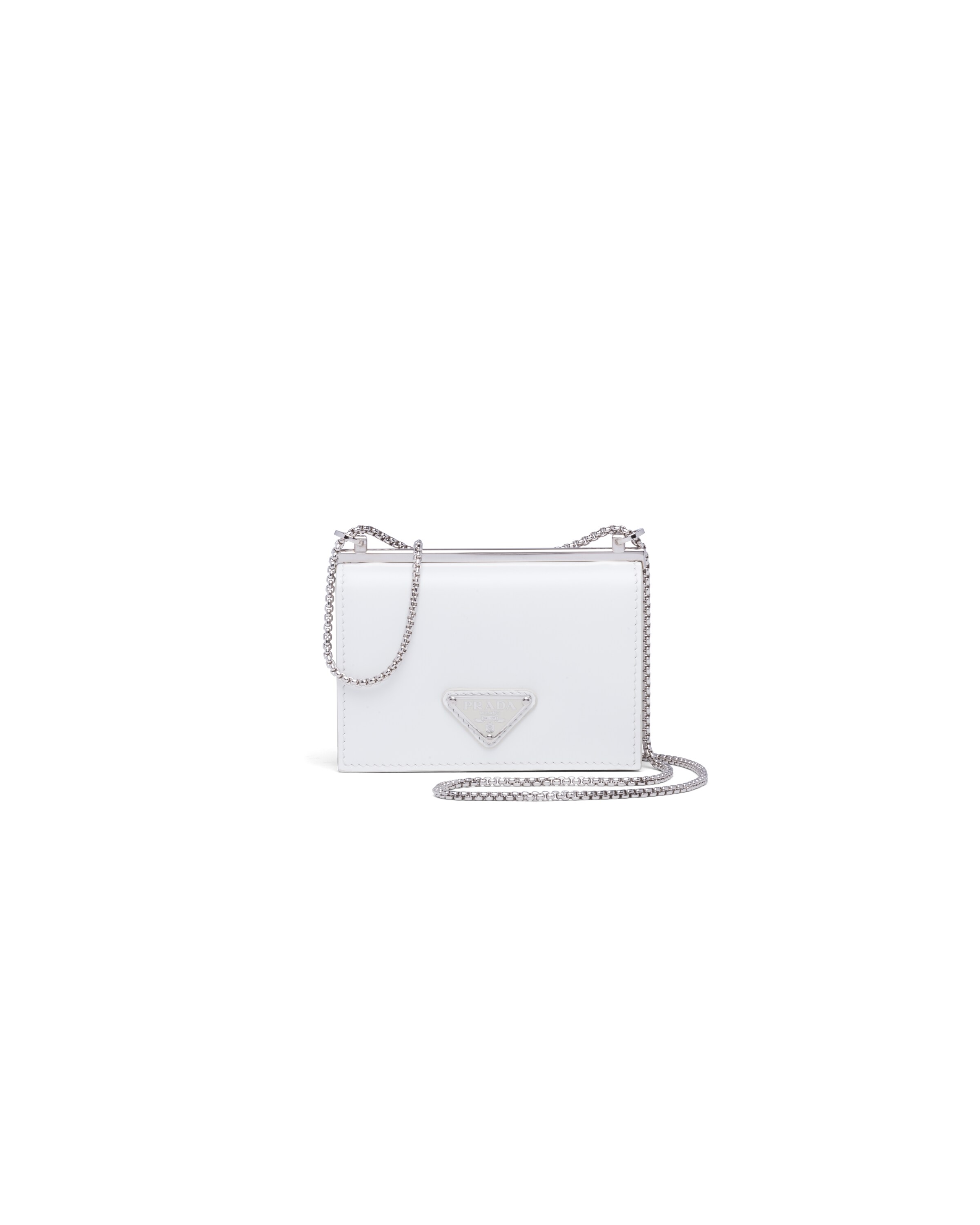 White Brushed leather chain card holder Prada