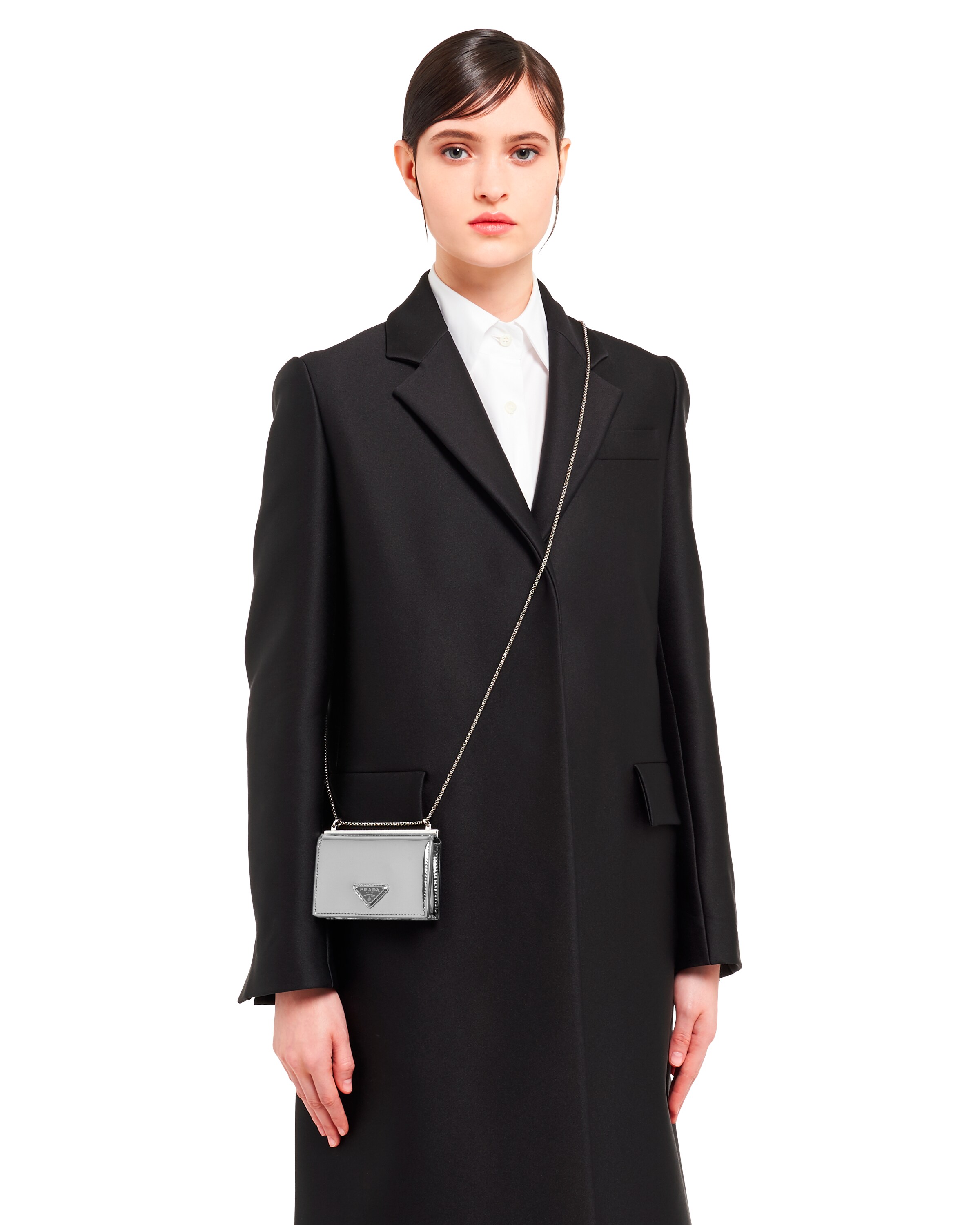 Silver Brushed leather chain card holder Prada