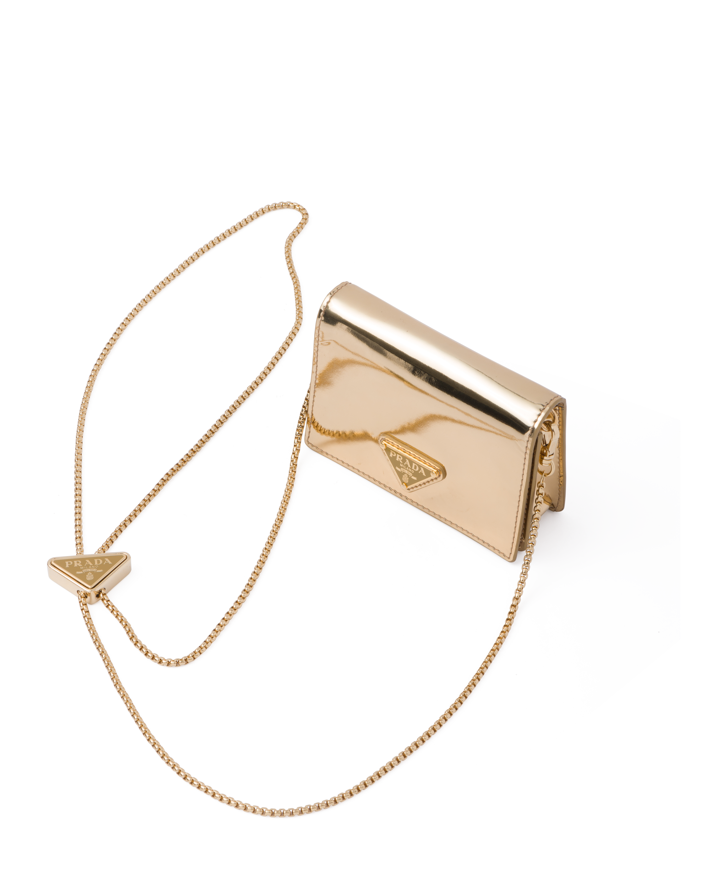 【PRADA】Brushed leather card holder with shoulder strap Prada Brushed Leather Card Holder With Shoulder Strap In