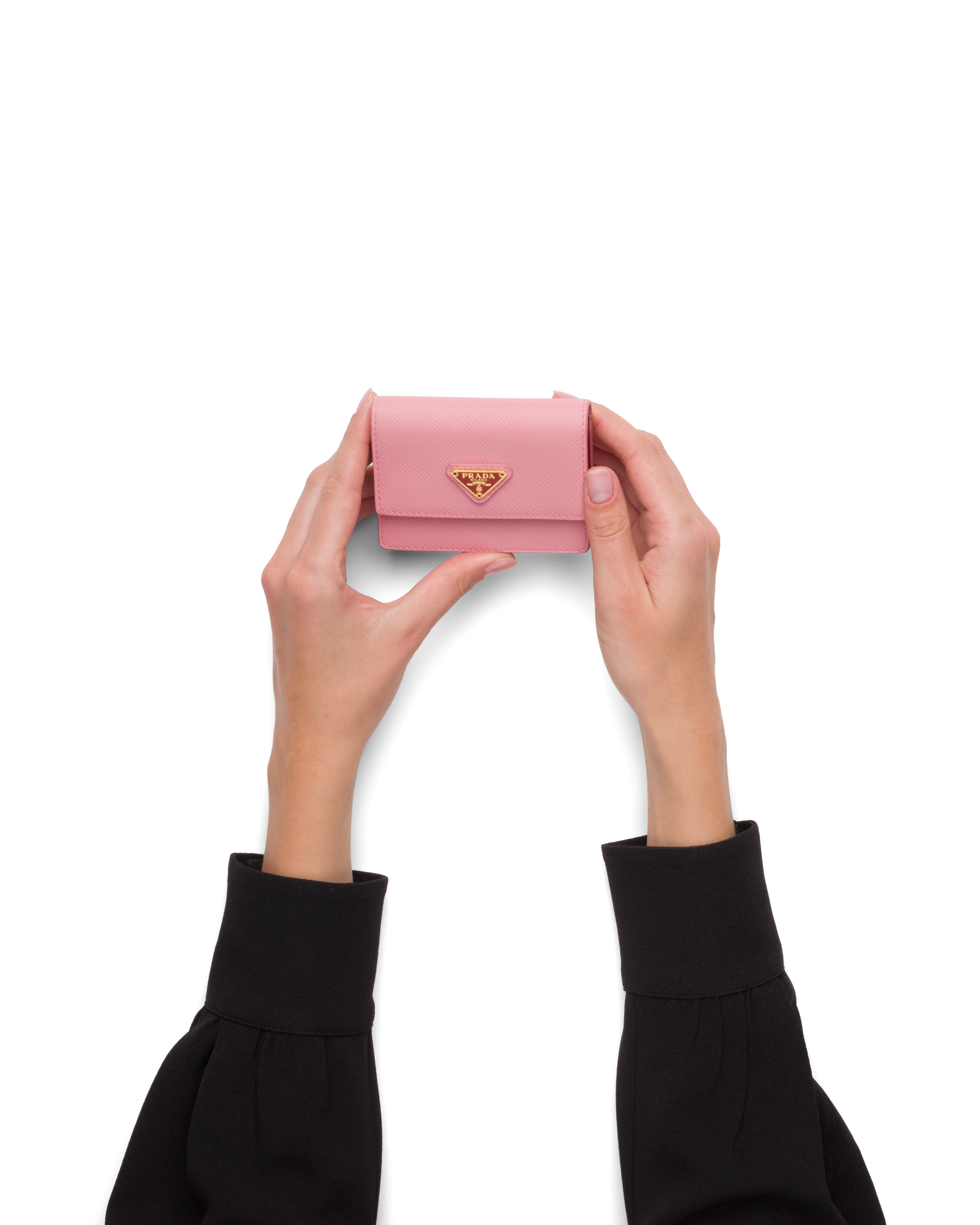 Petal Pink/fiery Red Saffiano leather card holder with chain Prada