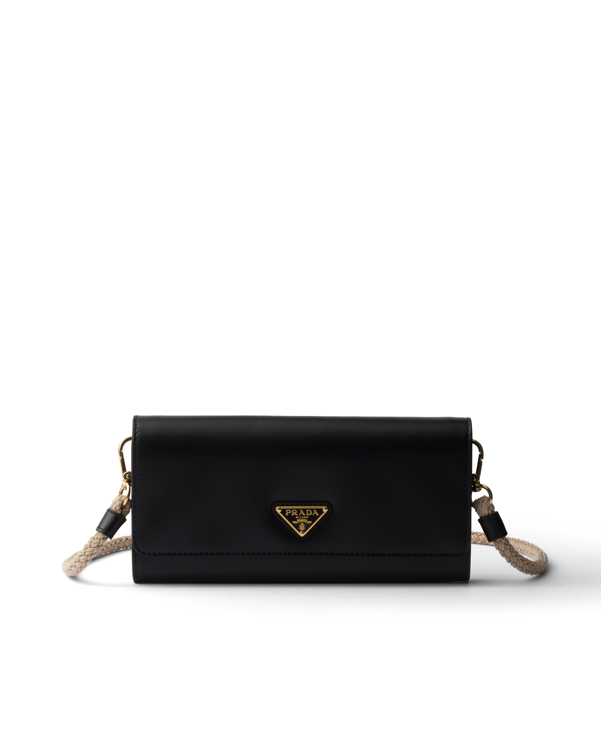 Prada Black Leather Wallet With Shoulder Strap In Purple