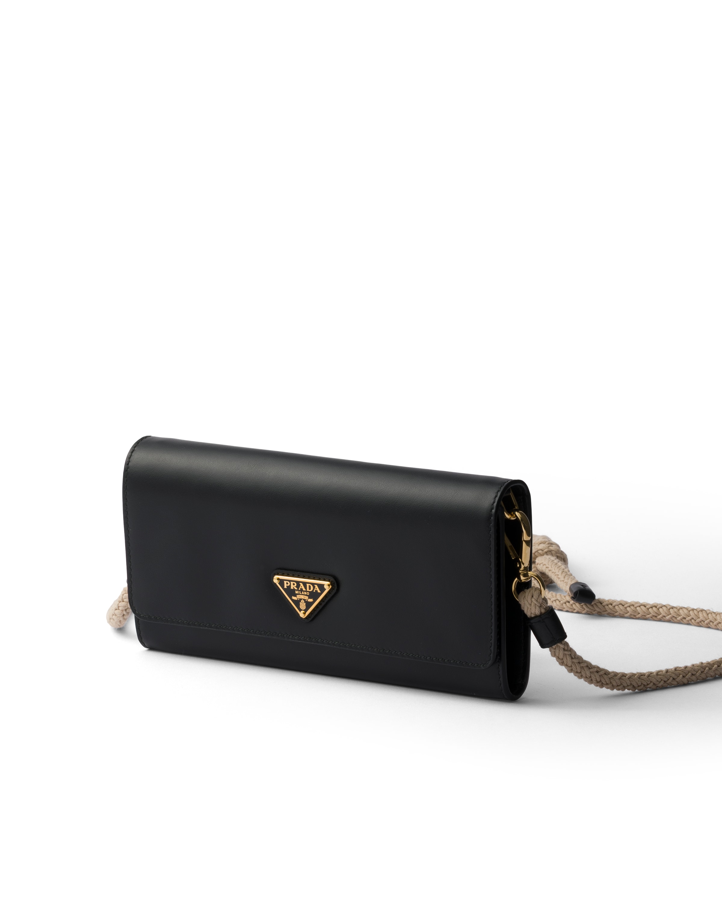 Prada Black Leather Wallet With Shoulder Strap In Purple